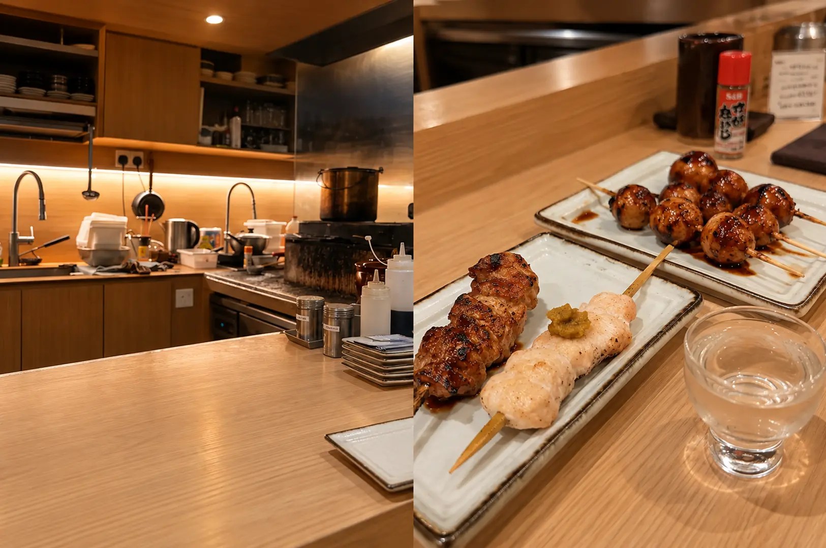 TOYA Japanese restaurant counter with an open kitchen, featuring glazed yakitori skewers and grilled chicken skewers.