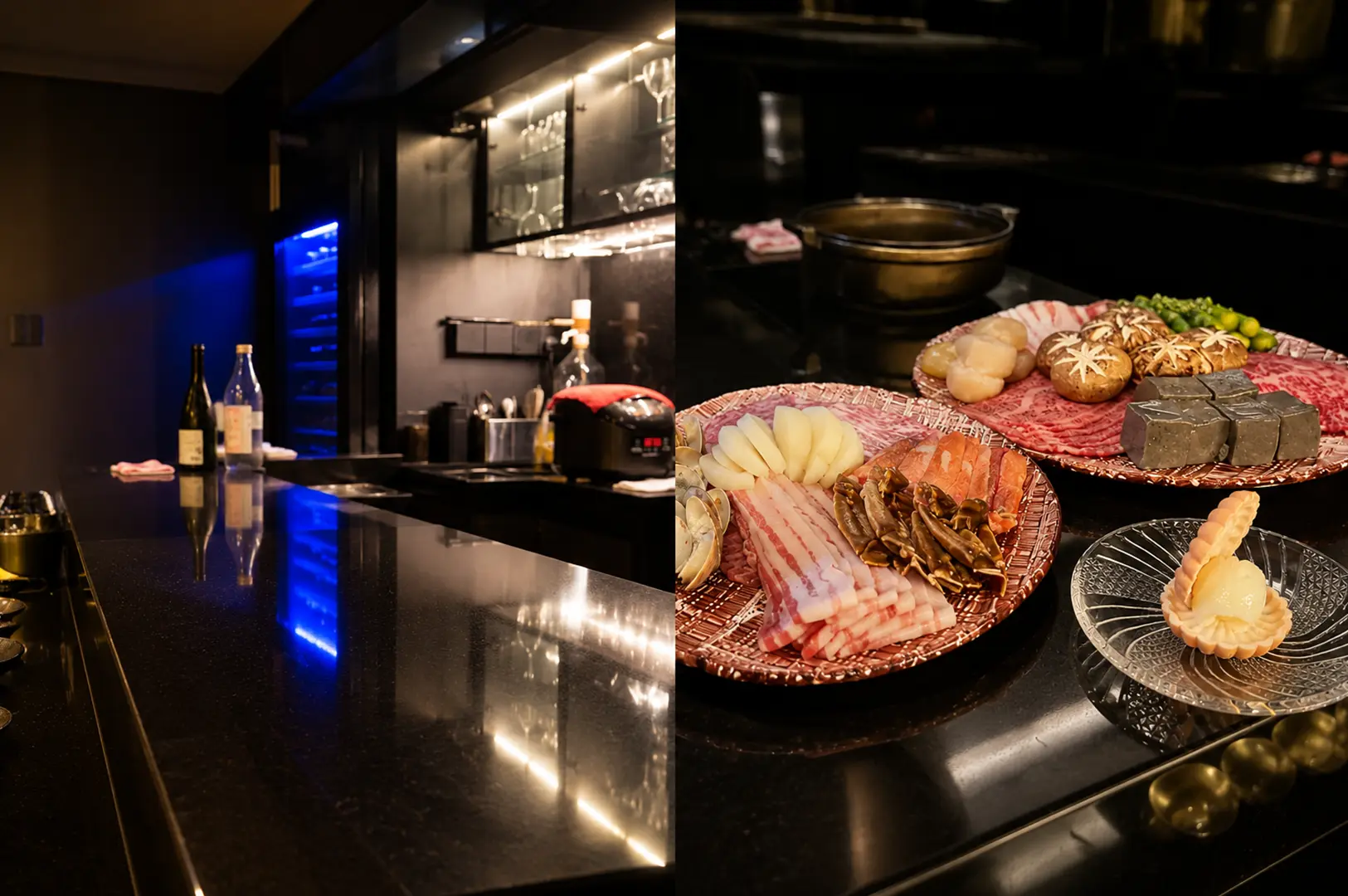 KAGAMI restaurant with an elegant dark counter setting and a spread of sliced meats, seafood, vegetables, and hotpot ingredients.