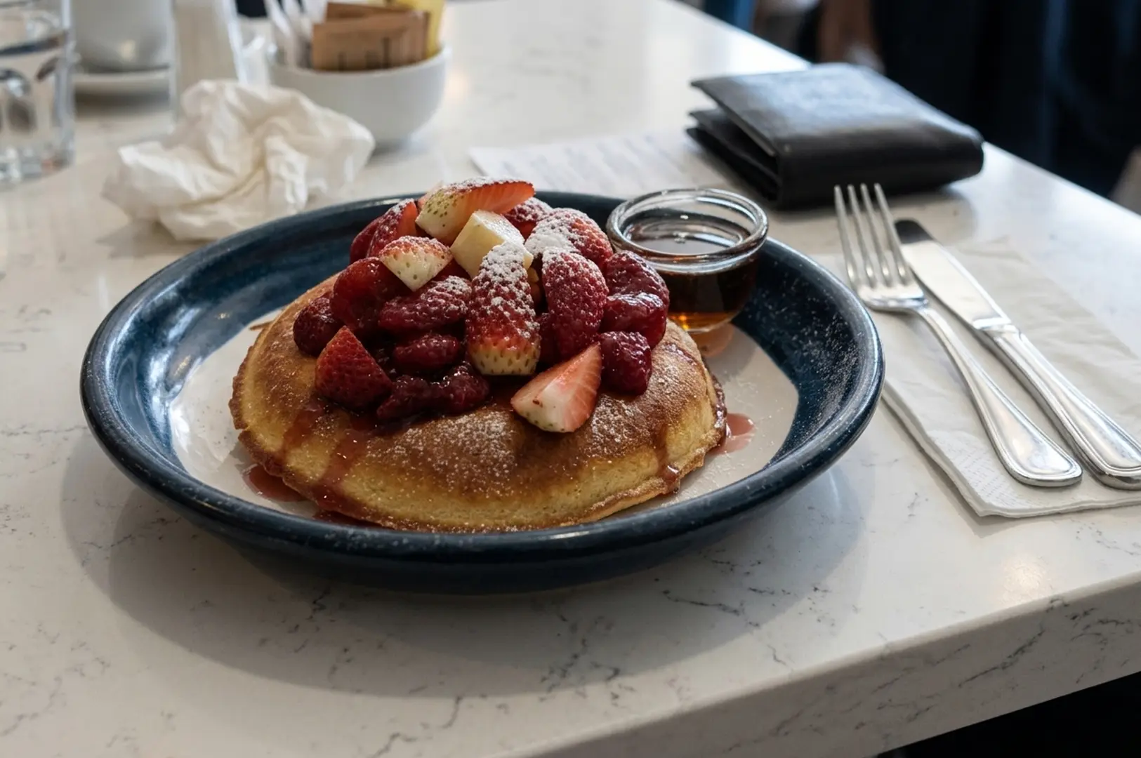 Fluffy pancake topped with fresh strawberries, powdered sugar, and syrup on a blue rimmed plate
