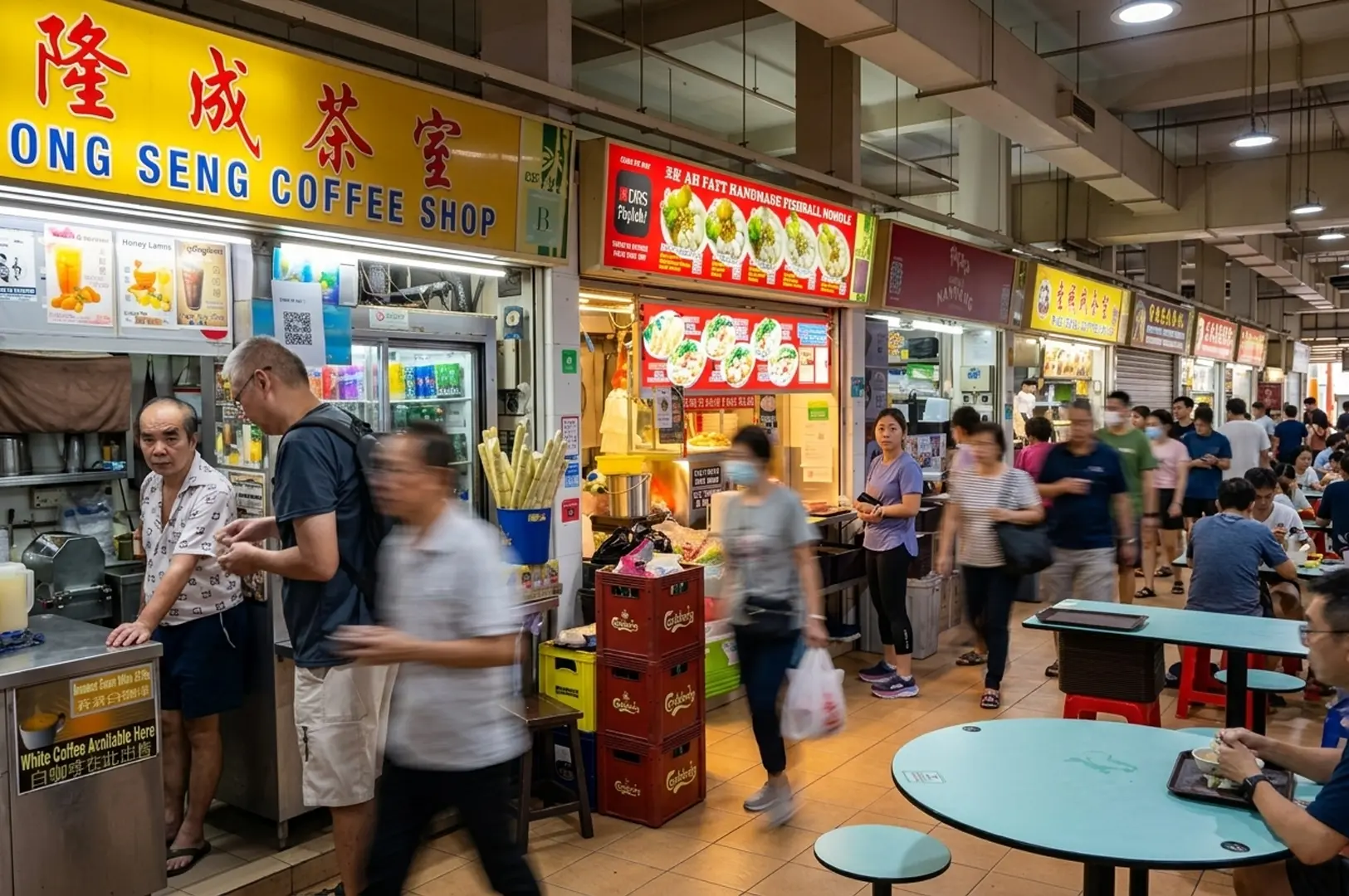 Crowded hawker center with Long Seng Coffee Shop and multiple food stalls with diners