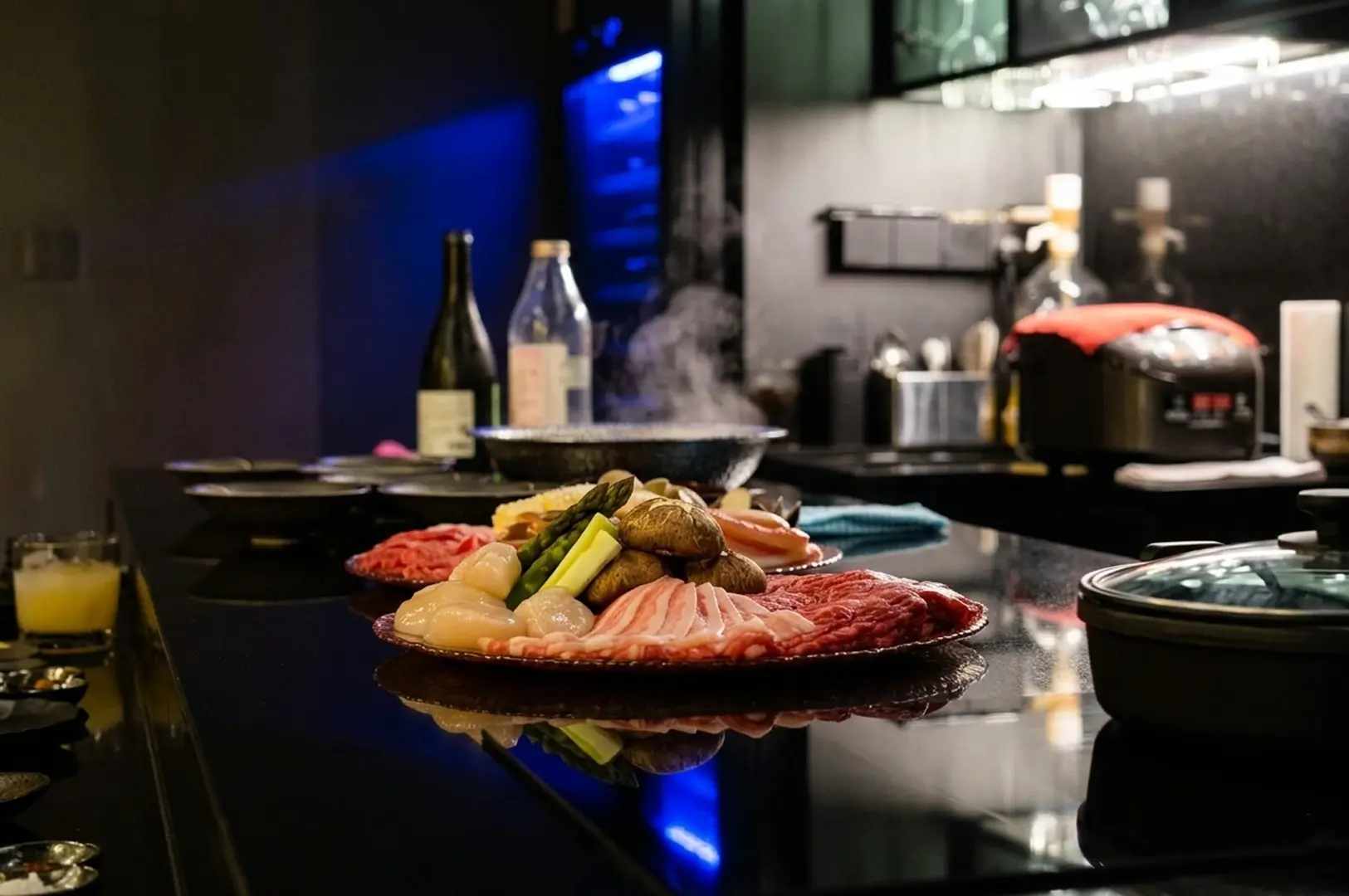 Plate of premium Shabu Sukiyaki ingredients including sliced beef and scallops on a sleek counter with a steaming pot in the background