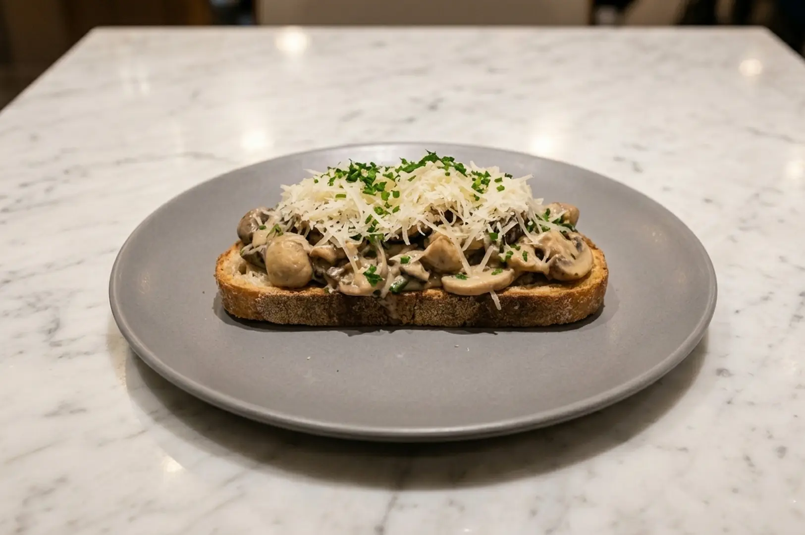 Creamy mushroom toast topped with grated parmesan cheese and fresh herbs on a grey plate