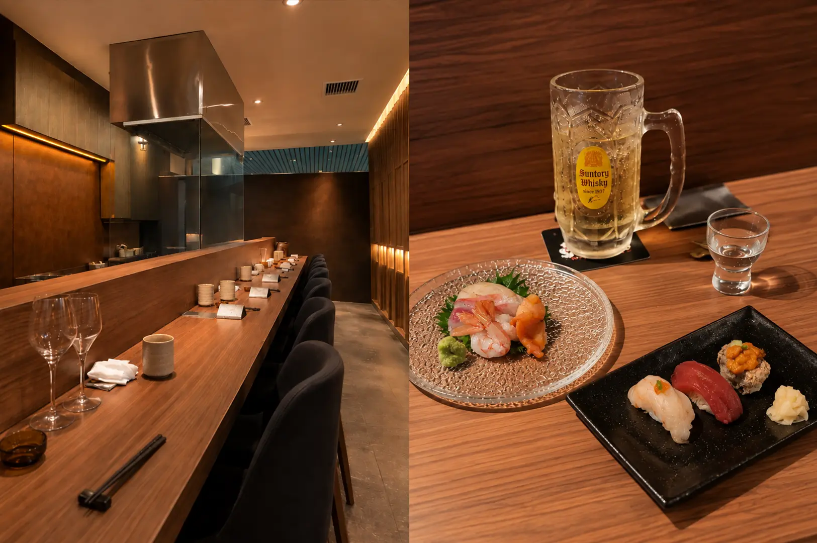 YUTA Japanese restaurant counter with sushi preparation space and a wooden serving board of assorted fresh nigiri.