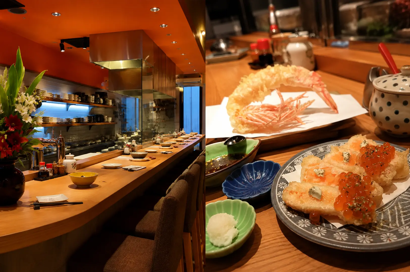 Sakutto Tempura & Oyster counter with warm lighting, crispy shrimp tempura, and assorted tempura sushi topped with ikura.