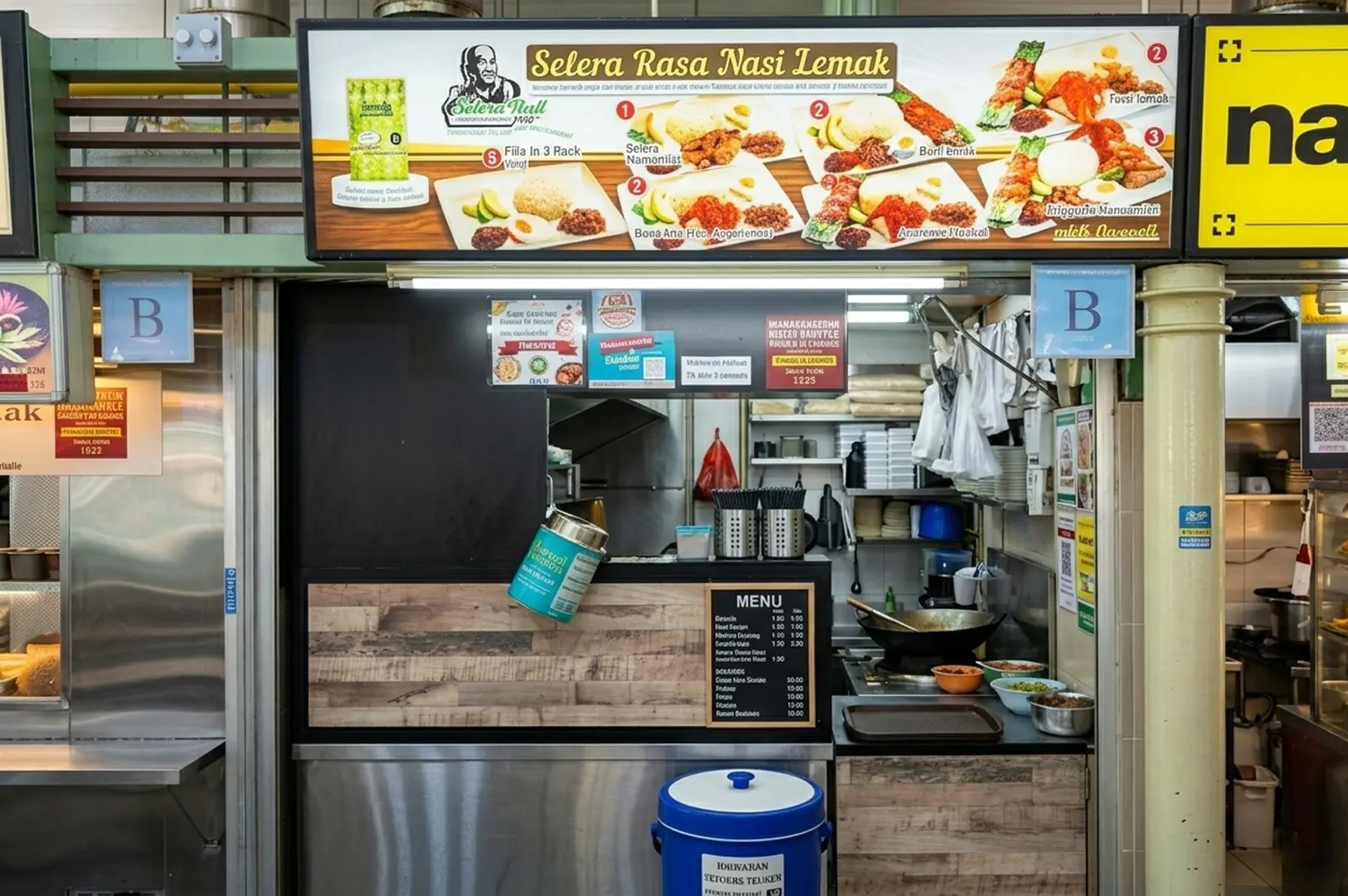 Selera Rasa Nasi Lemak hawker stall signage displaying various nasi lemak set meals