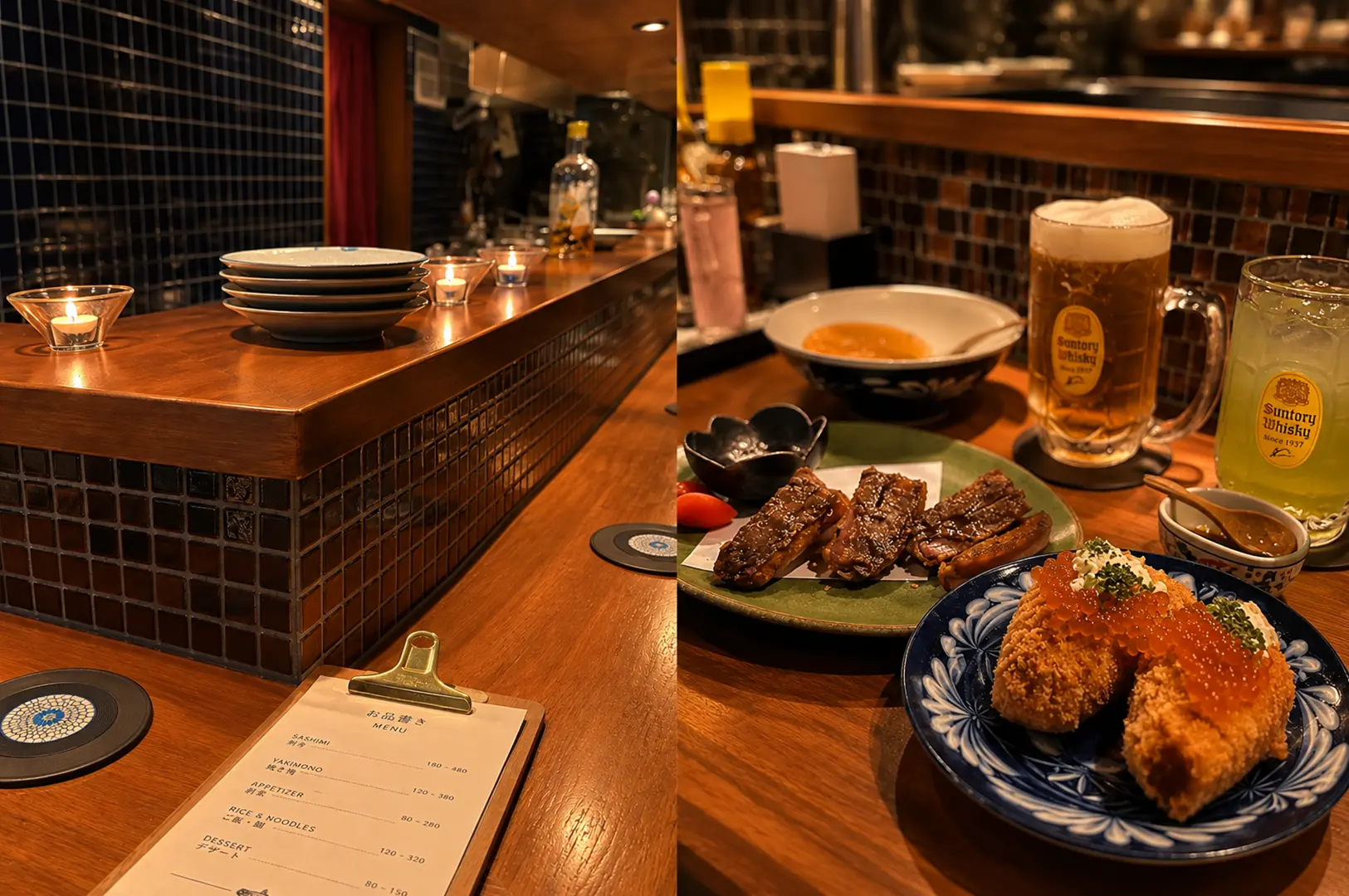 Apollon Japanese izakaya with a cozy tiled counter, grilled meat dishes, crispy croquettes, and colorful highballs.