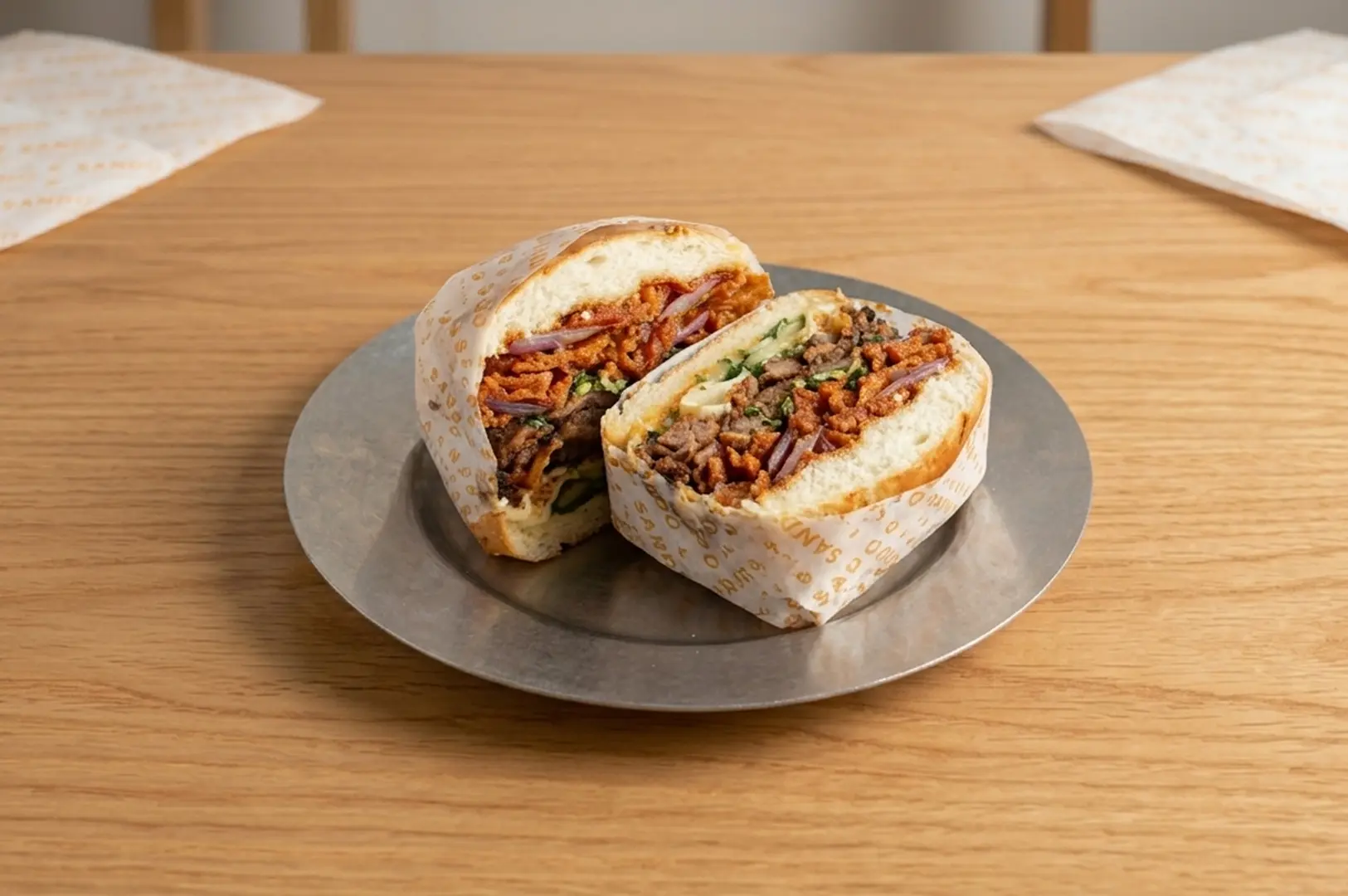 Halved Wagyu beef katsu sando sandwich with crispy onions on a metal plate