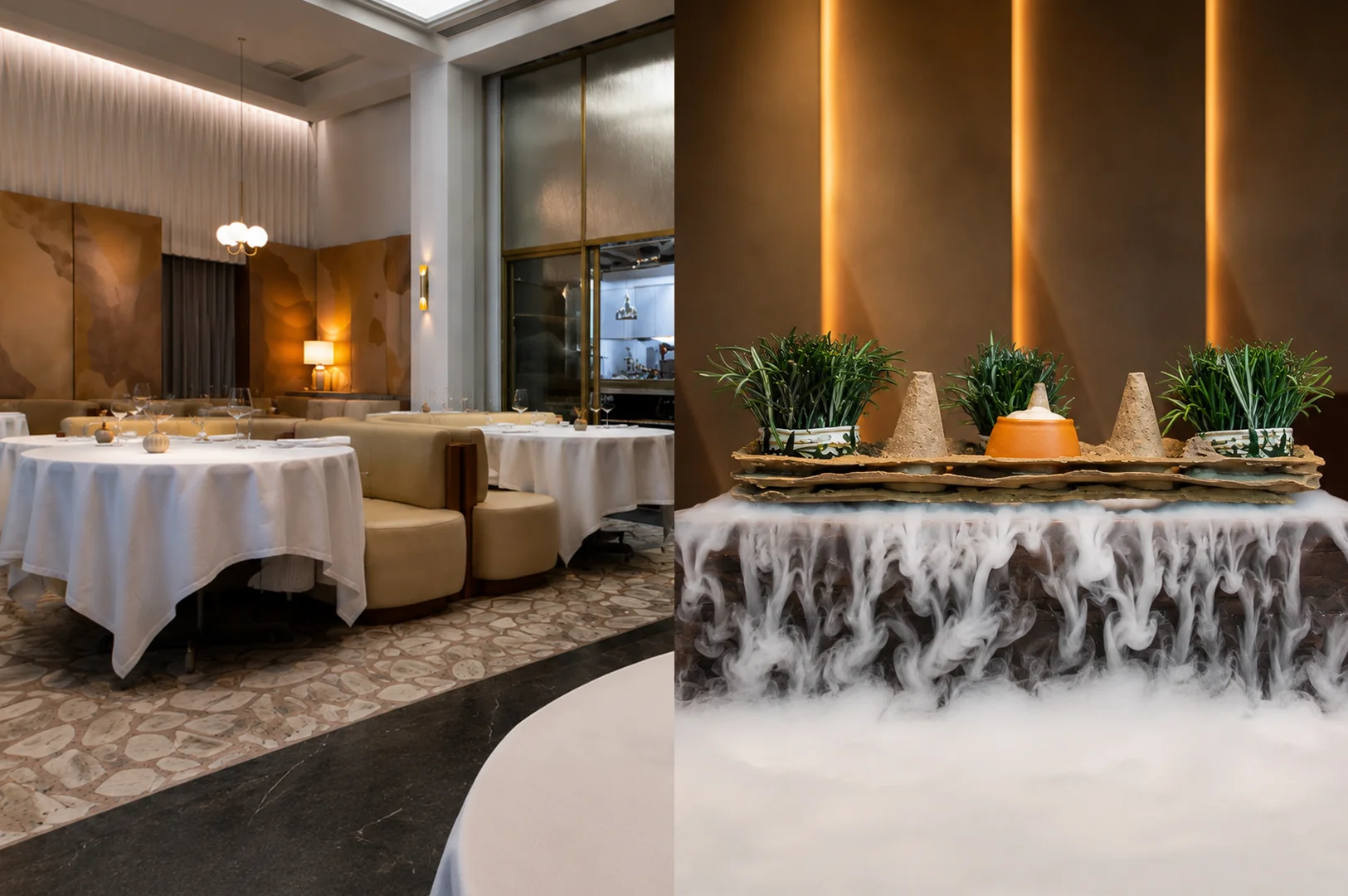Odette fine dining restaurant featuring an elegant contemporary dining room and an artistic smoke presentation that complements its refined tasting menu.