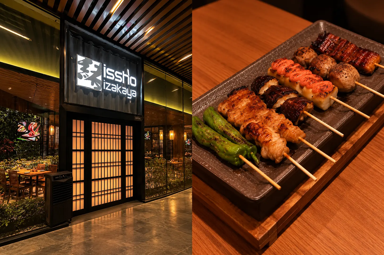 Issho Izakaya entrance with glowing Japanese-style panels beside a platter of colorful grilled skewers on a wooden table.