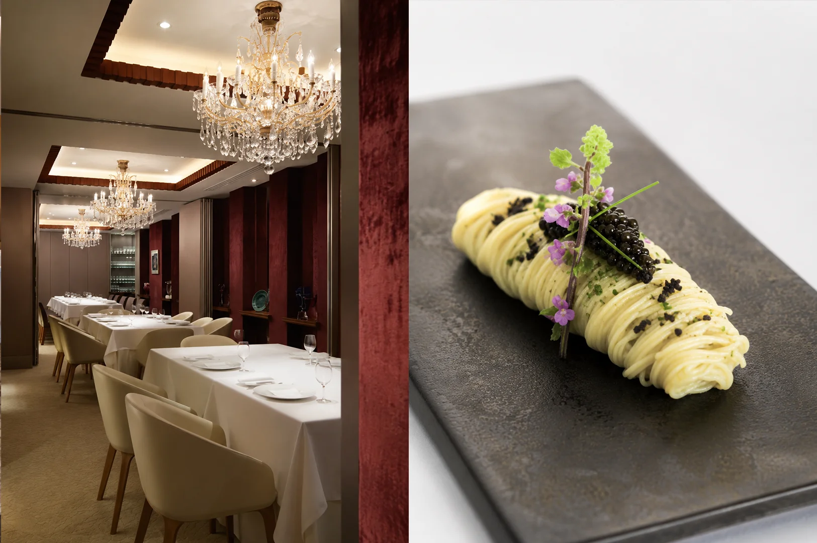 Les Amis fine dining restaurant featuring an elegant chandelier-lit dining room and a signature caviar-topped pasta dish beautifully plated.