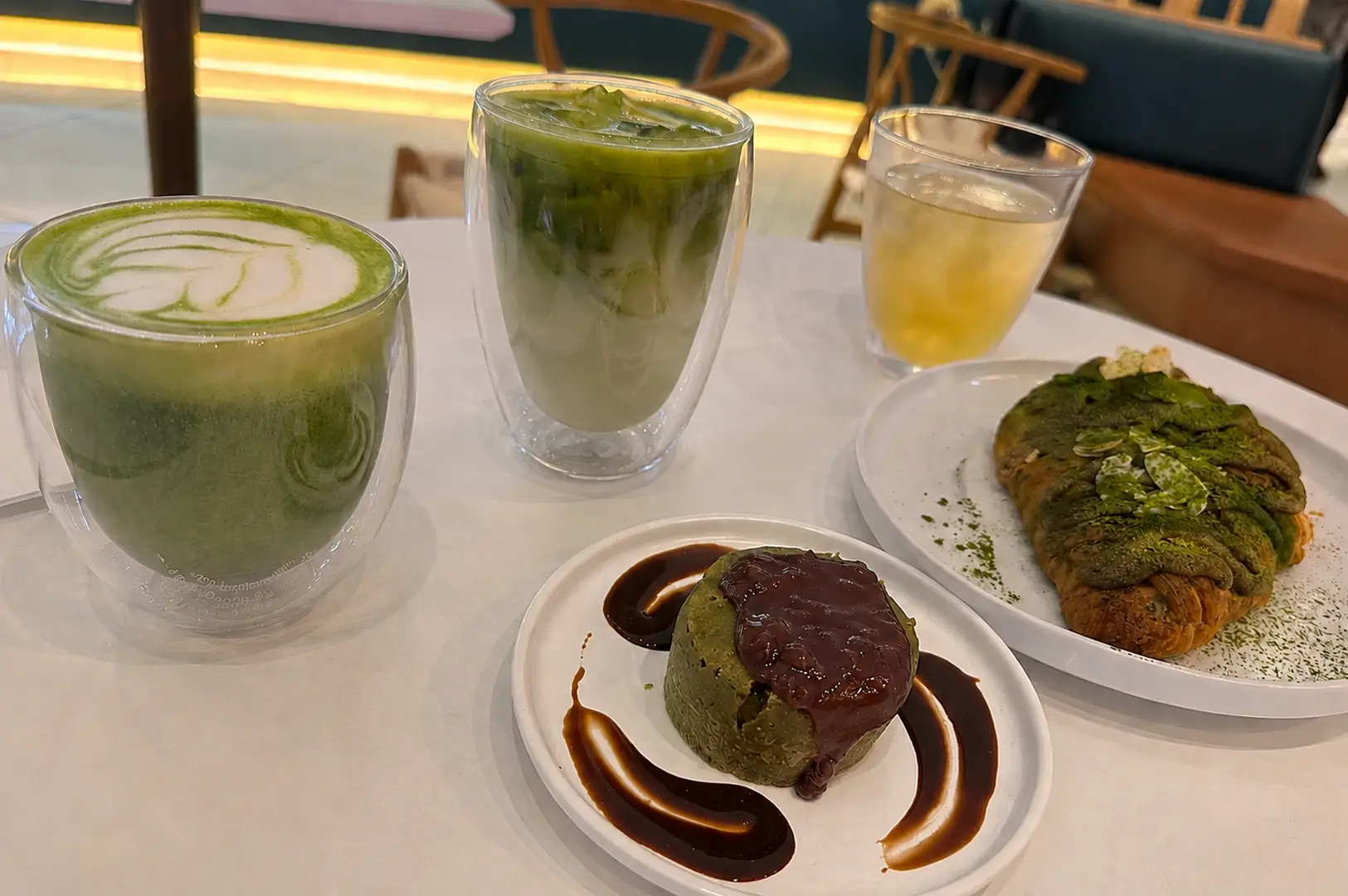 Matcha drinks and desserts plated for social media
