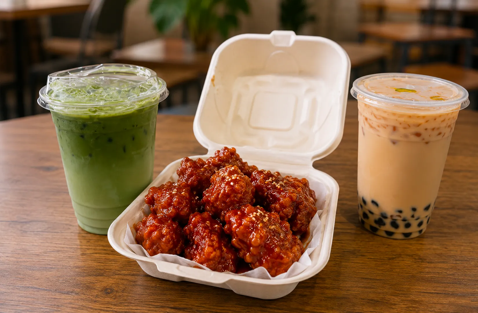 Takeout meal featuring spicy Korean fried chicken in a white container, flanked by a matcha drink and bubble tea