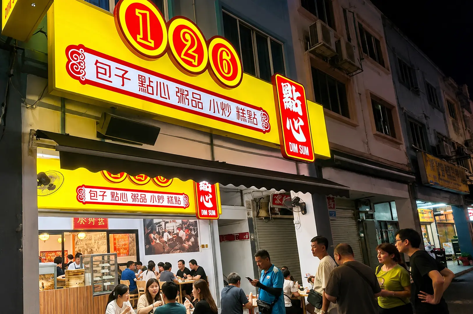 126 Dim Sum storefront with yellow sign and diners at night