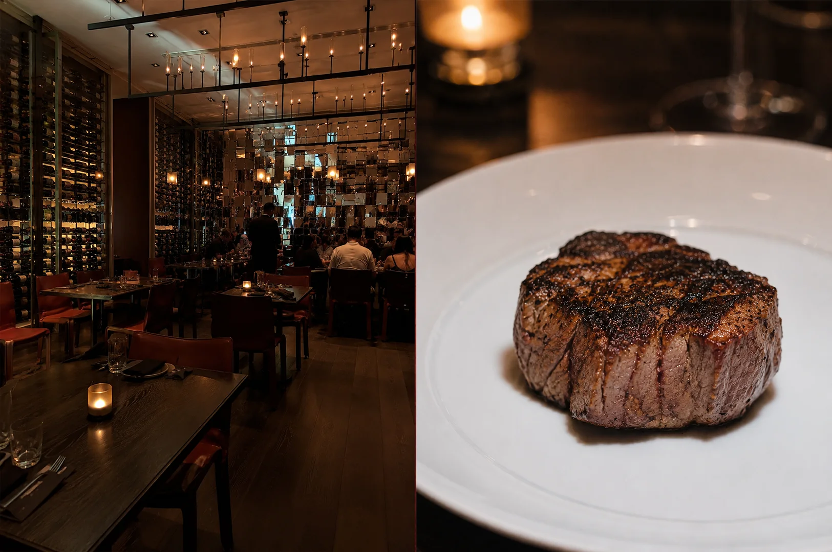 CUT by Wolfgang Puck showcasing its sophisticated steakhouse interior with wine displays and a perfectly grilled premium steak served on a white plate.