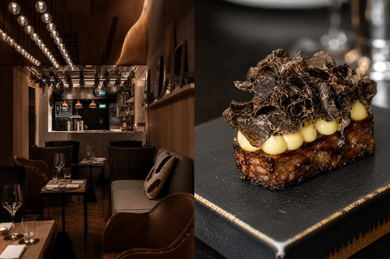 Zén at Bukit Pasoh Road with its intimate contemporary dining space and a gourmet dish topped generously with freshly shaved black truffle.