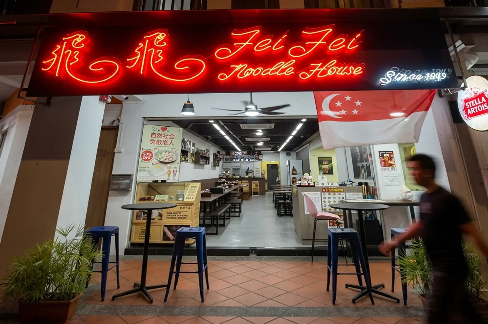 Fei Fei Noodle House neon sign and storefront at night