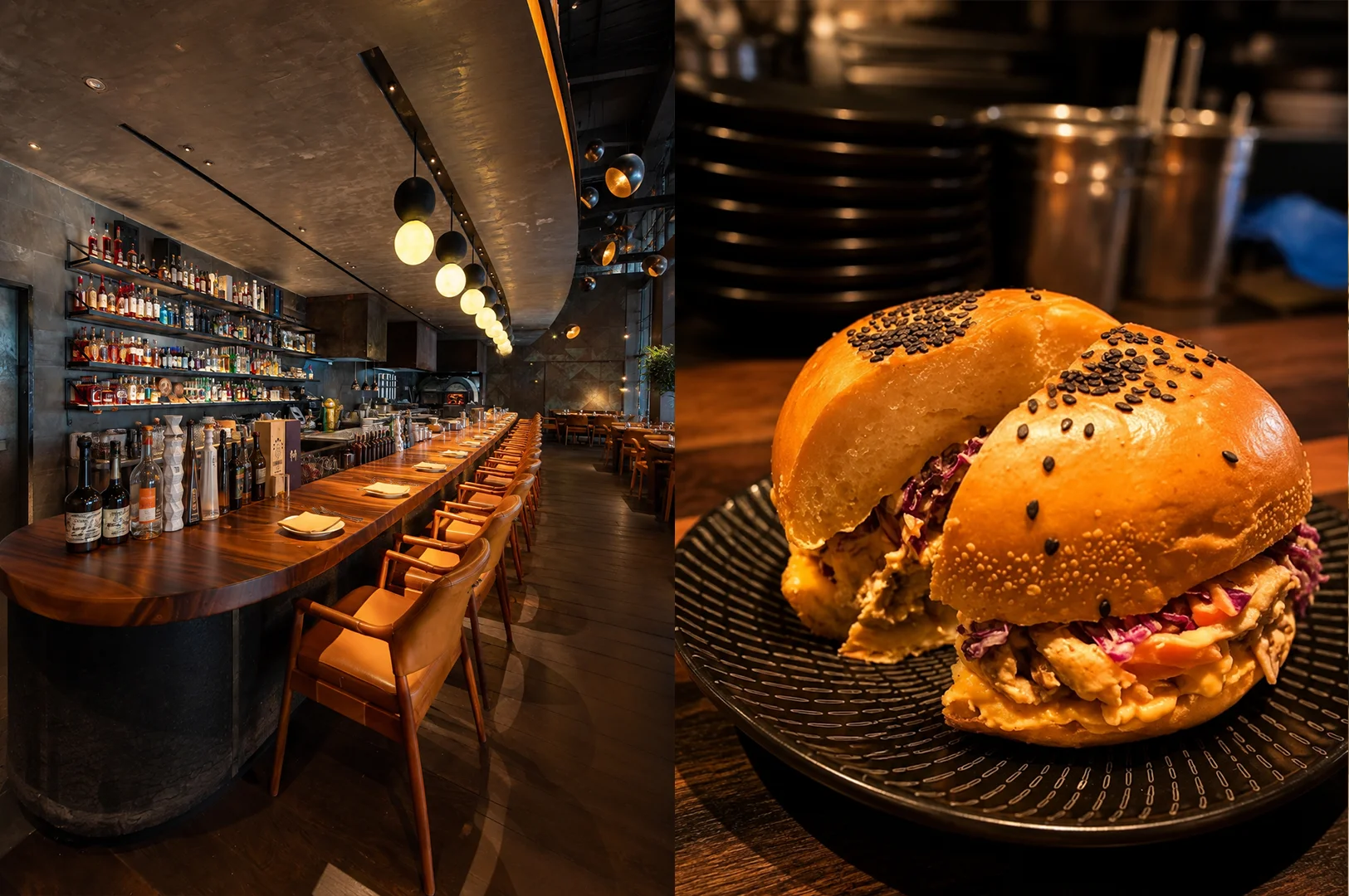 urnt Ends Restaurant highlighting its stylish open-kitchen bar and a gourmet chicken sandwich served on a glossy sesame bun.