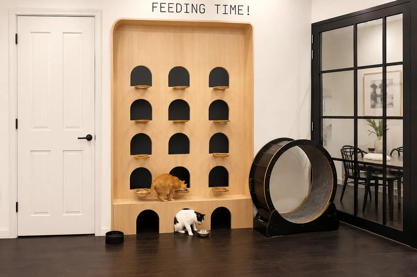 Modern cat feeding station with multiple arched compartments and large cat wheel with "FEEDING TIME!" wall text