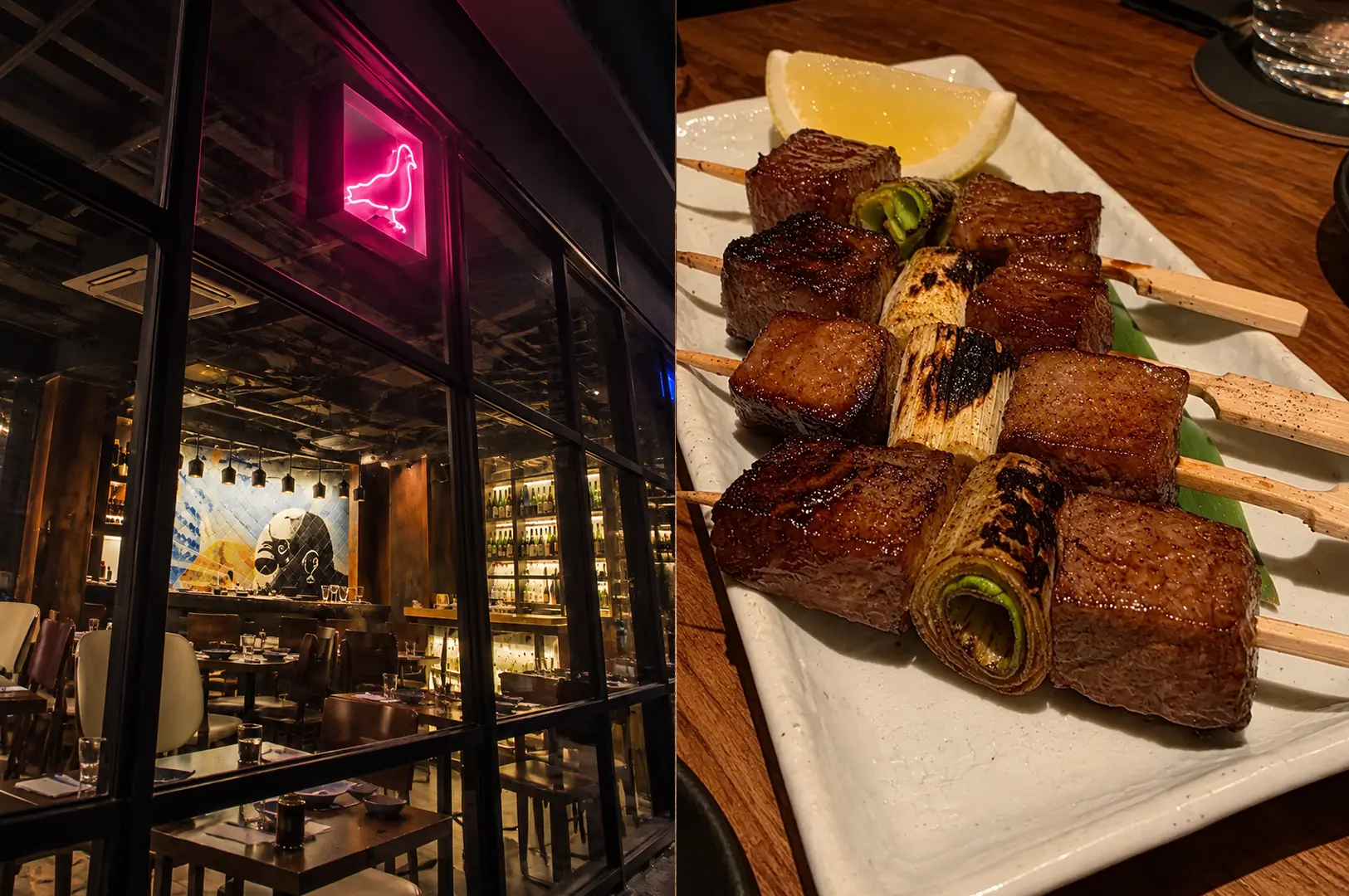 Modern Japanese restaurant interior with a pink neon sign beside a white plate of glazed beef and grilled vegetable skewers.