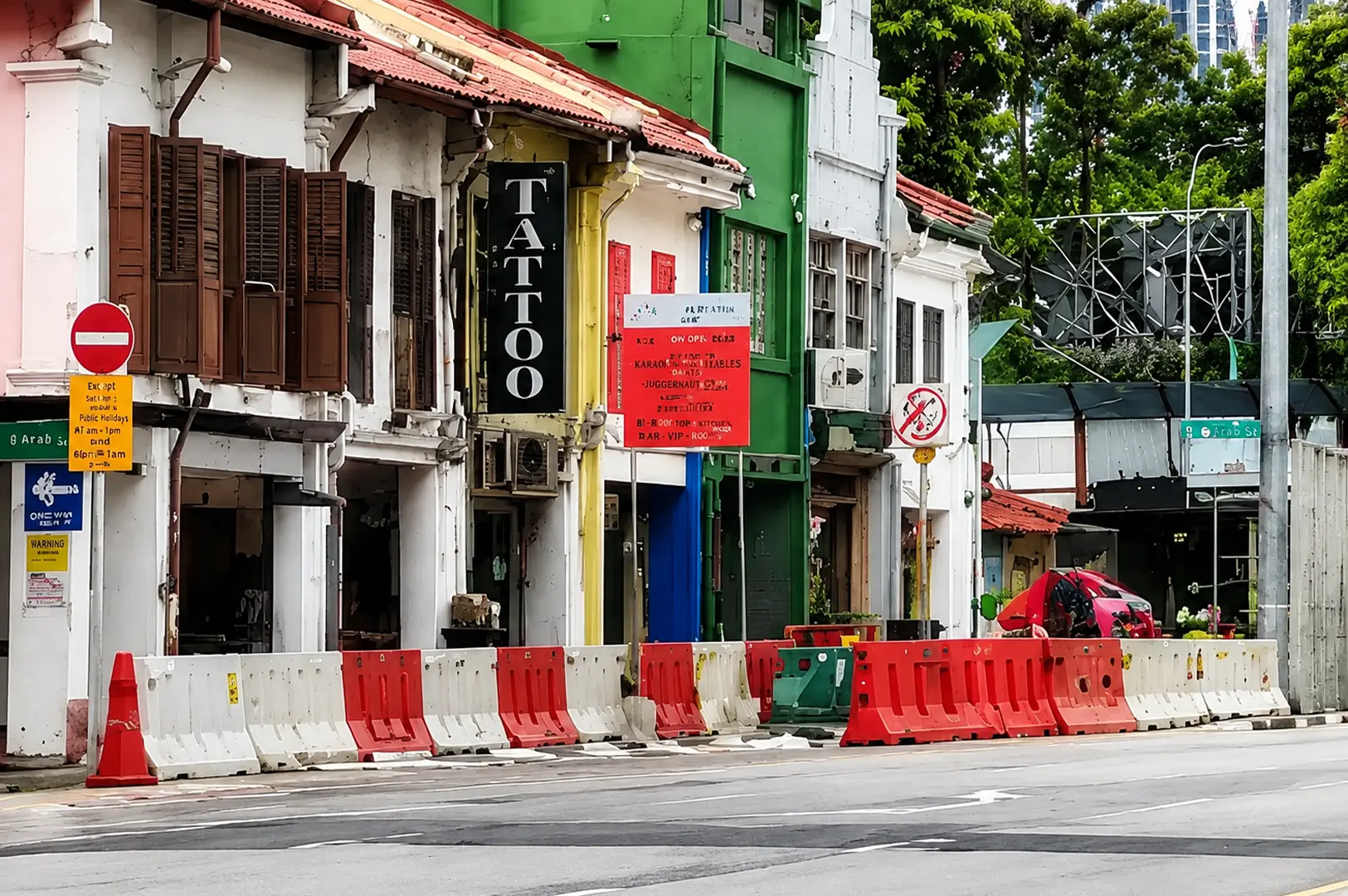 Colorful heritage shophouses and the surrounding streetscape near Meomi Cat Cafe along North Bridge Road in Singapore.