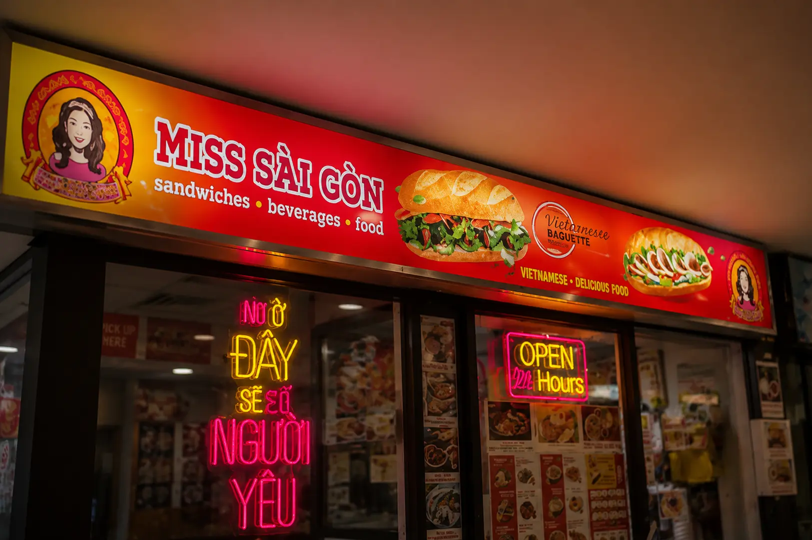 Miss Sai Gon Vietnamese restaurant sign with neon lights