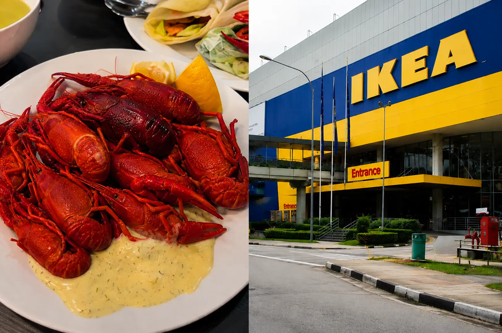 Plate of bright red crayfish beside an IKEA Singapore storefront.