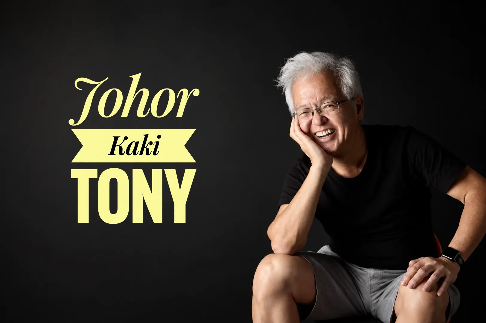 Smiling older man with white hair in a black shirt posing beside the text "Johor Kaki Tony" on a dark background.