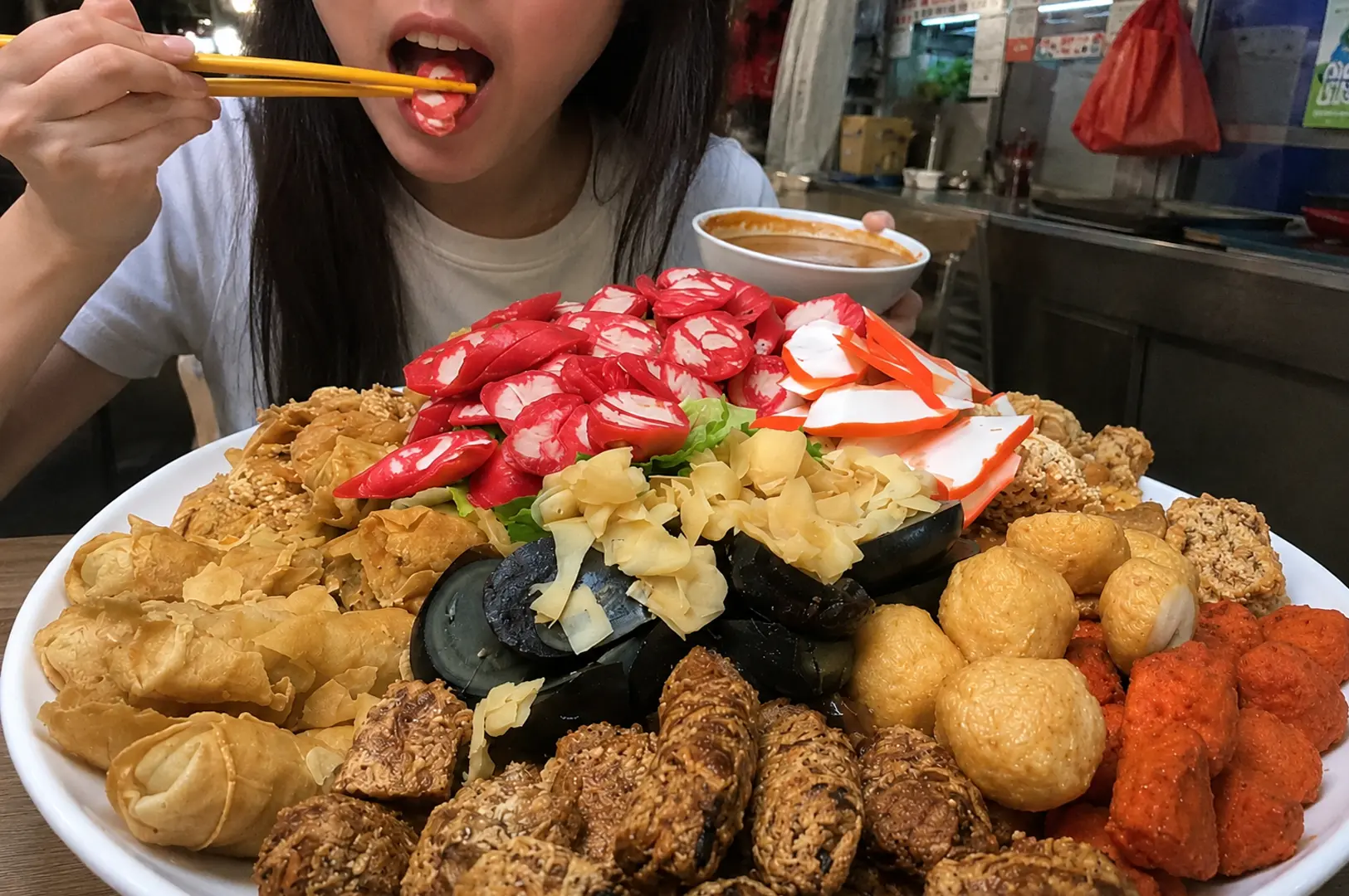 A close-up shot of a diner using chopsticks to eat a fish cake from a gigantic, overflowing platter of assorted yong tau foo ingredients