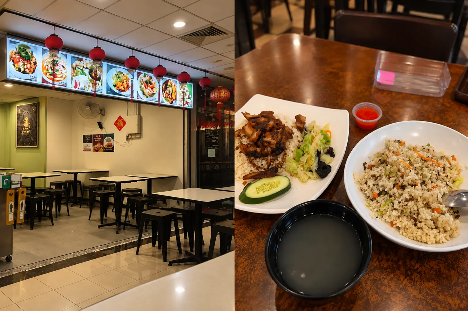 Pine Tree Cafe in Fortune Centre, featuring a bright dining area with red lanterns, menu displays, and plates of rice dishes served with soup.
