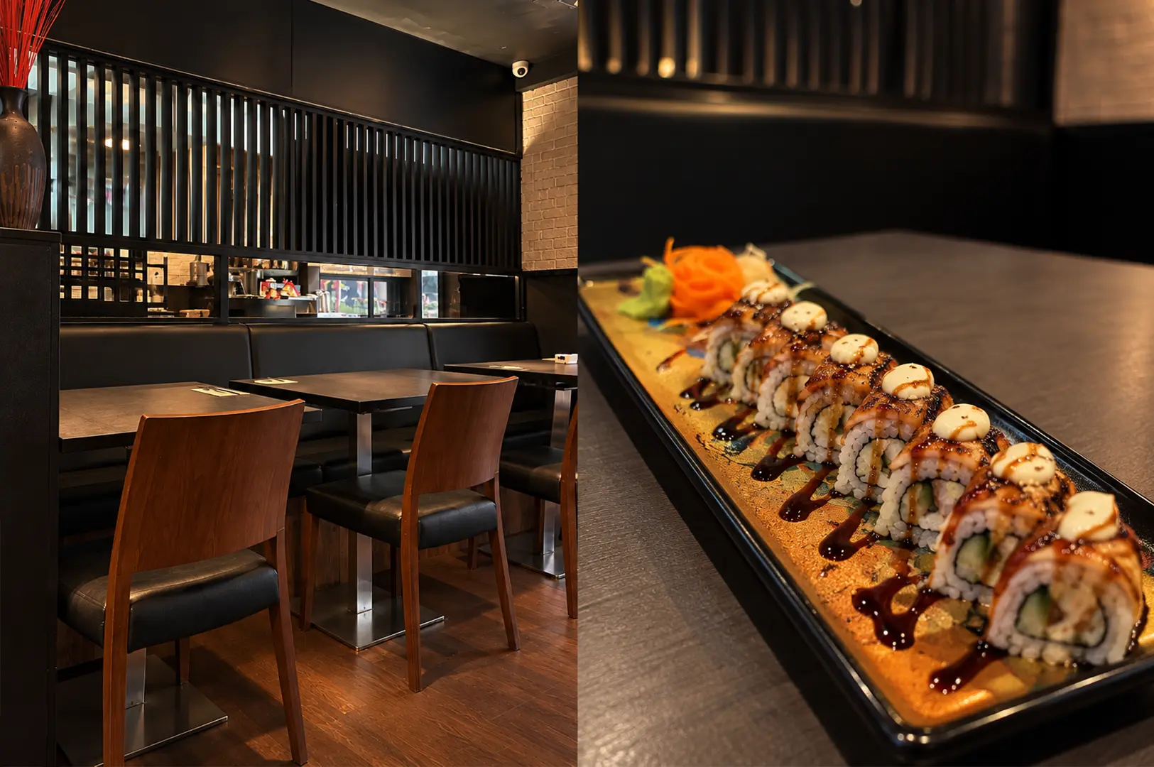 Herbivore restaurant with a warm, dark interior and wooden seating, paired with a platter of grilled Japanese-style skewers and vegetables.