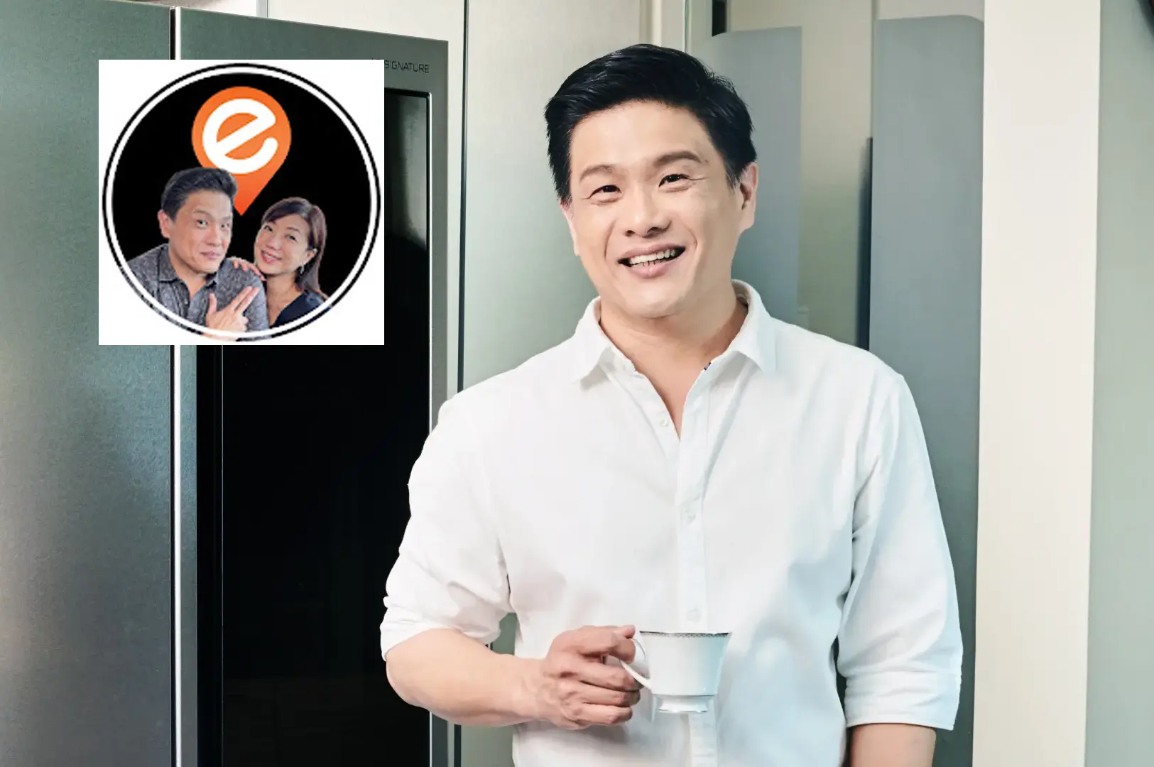 Dr Leslie Tay in a crisp white shirt holding a teacup in a modern kitchen, featuring a circular food blog logo overlay