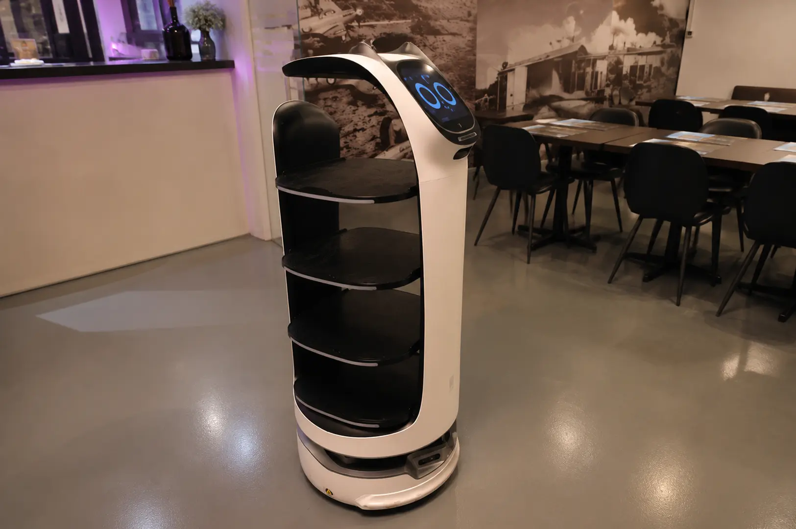 Autonomous serving robot standing inside Hangar66 Cafe dining area.