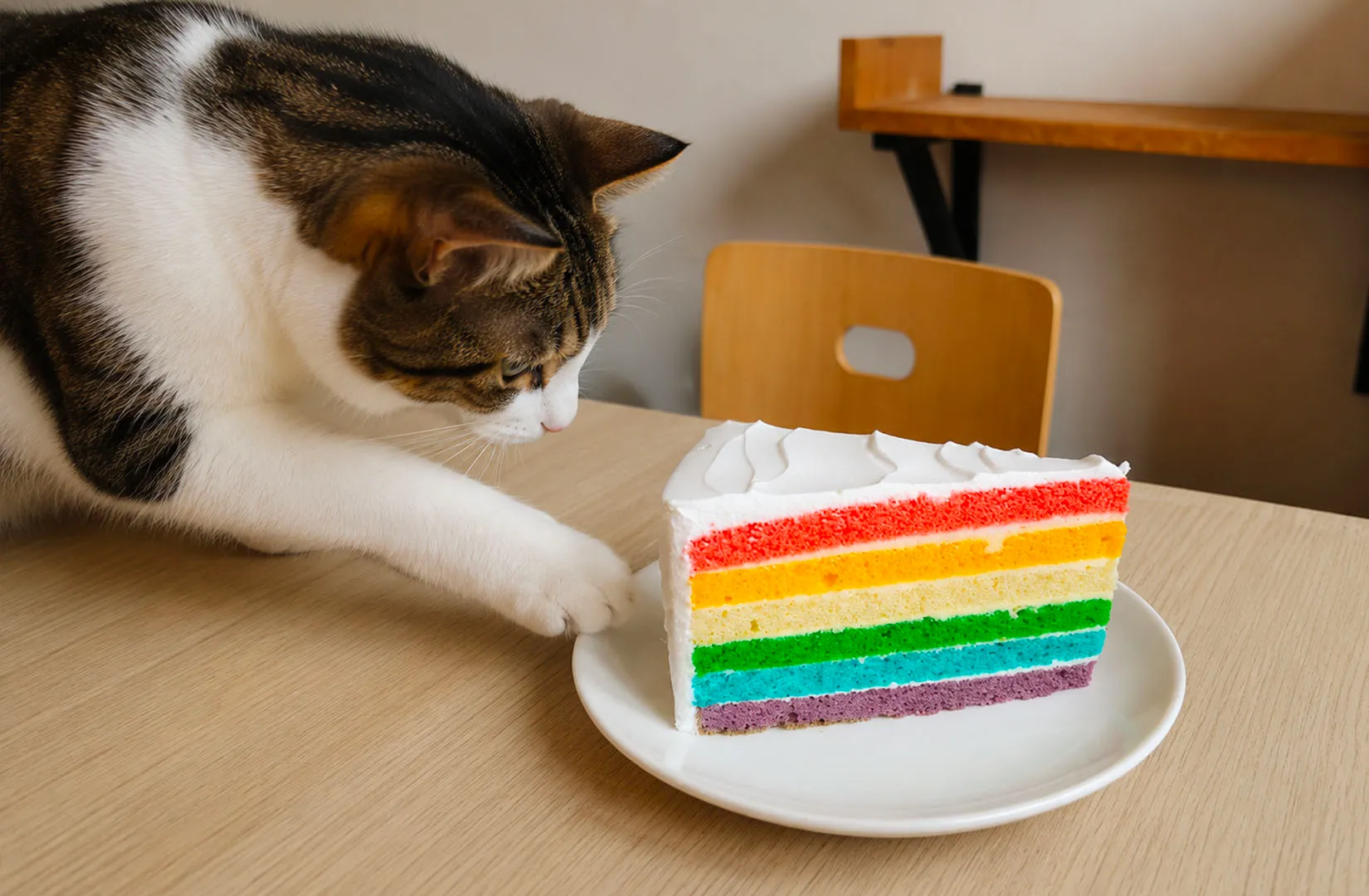 Cat reaching toward a rainbow layered cake slice on a plate on a wooden table.