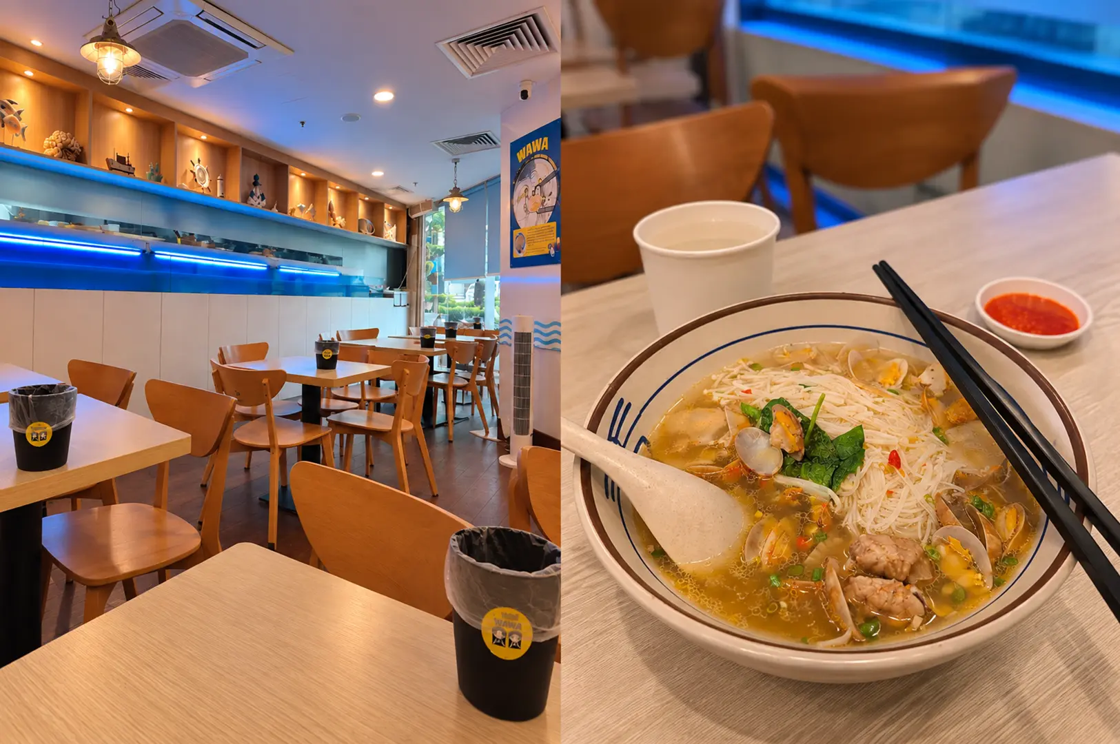 Wawa Lala Bee Hoon with a bright casual dining space and a bowl of rice vermicelli soup topped with seafood, vegetables, and herbs.