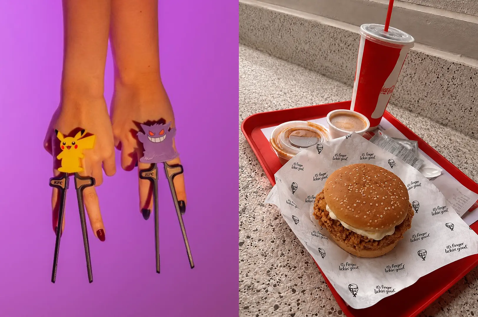 Split image showing Pikachu and Gengar finger decorations beside a KFC crispy chicken burger, drink, and sides on a red tray.