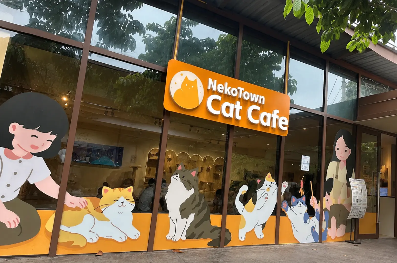 Front entrance of NekoTown Cat Cafe with colorful cat illustrations on the glass windows.