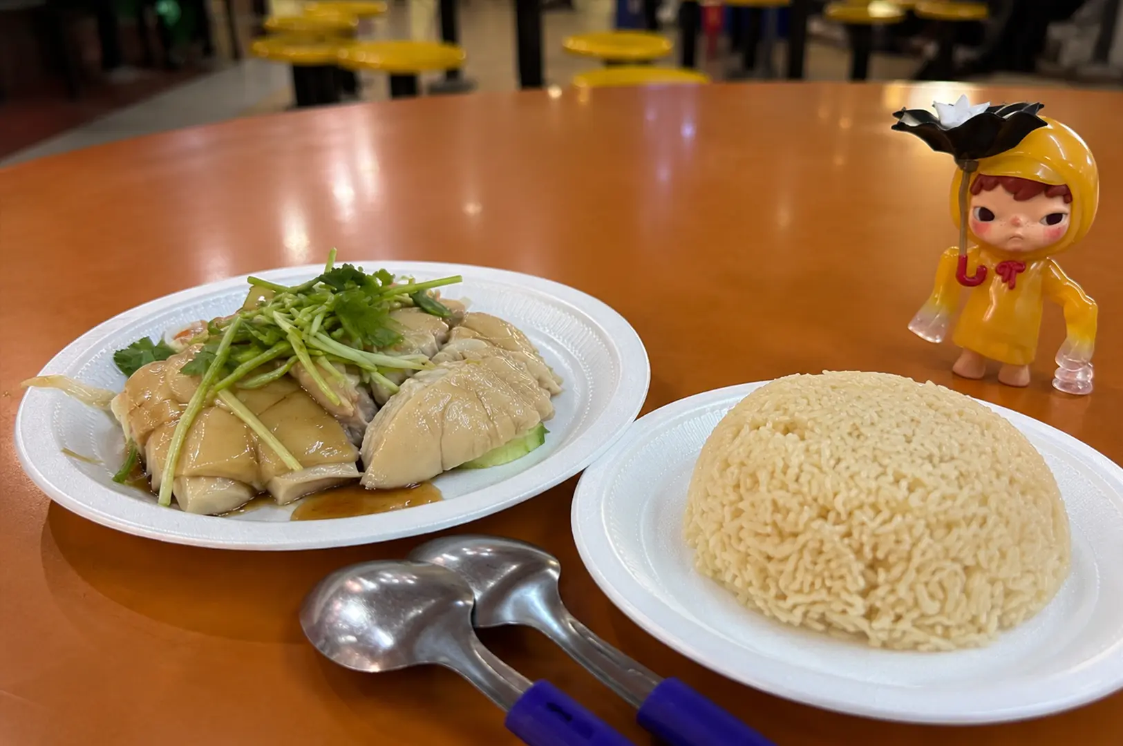 Singapore Hainanese chicken served with fragrant rice, cucumber and fresh coriander at a hawker centre.