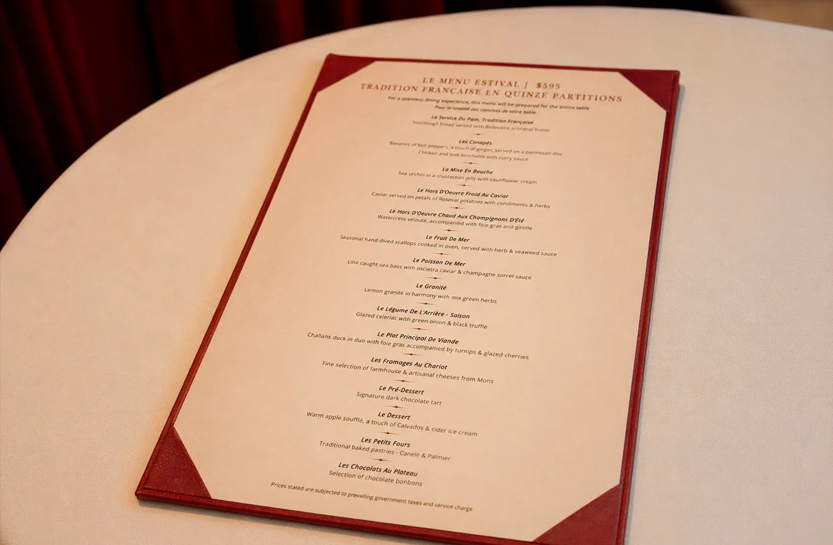 Les Amis tasting menu showcasing a fifteen-course French fine dining experience.