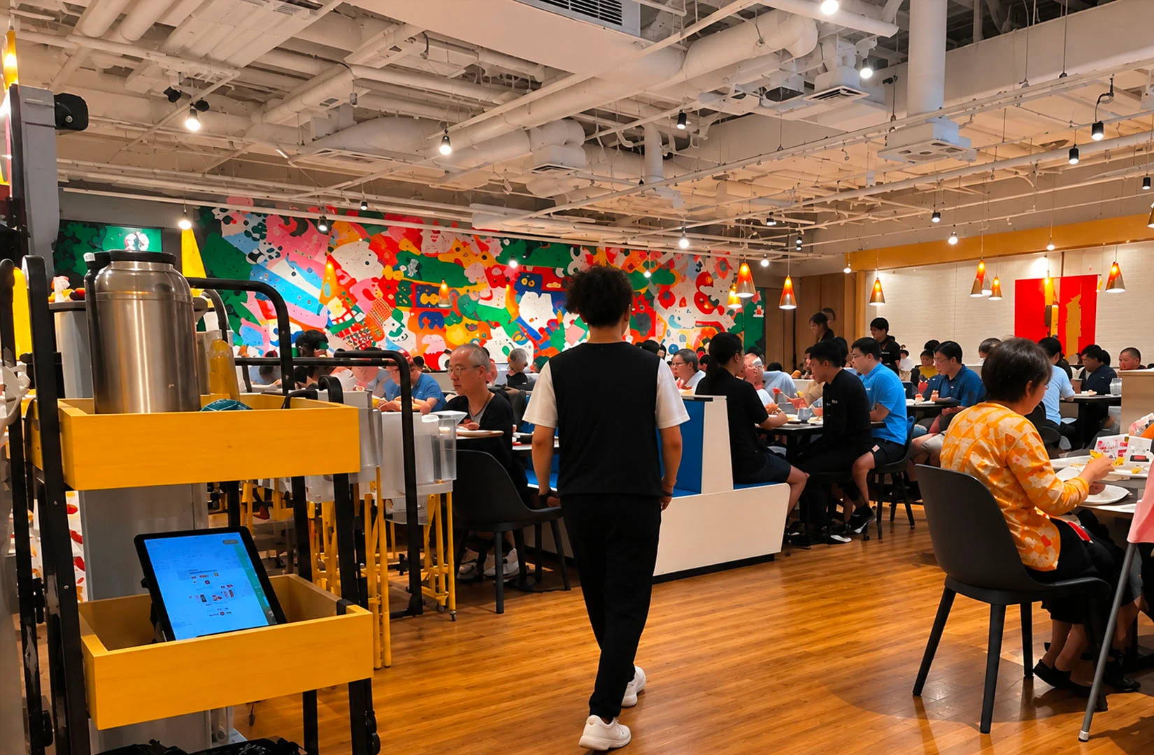 Omote Singapore restaurant interior with spacious dining area and colorful mural