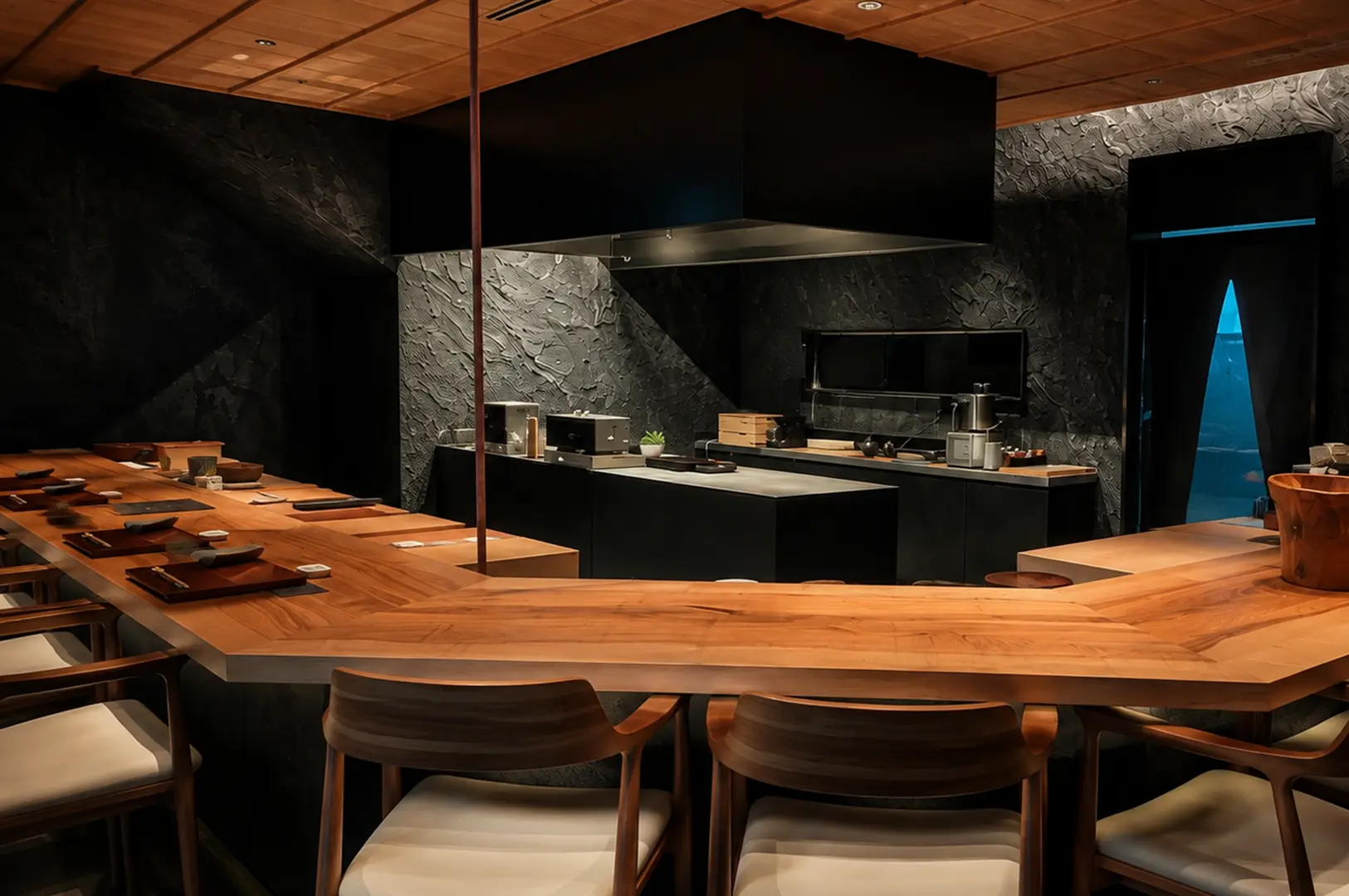 A modern Japanese restaurant interior with a large wooden counter, black walls, warm ceiling lights, and a spacious open-kitchen layout at IYASAKA by Hashida.
