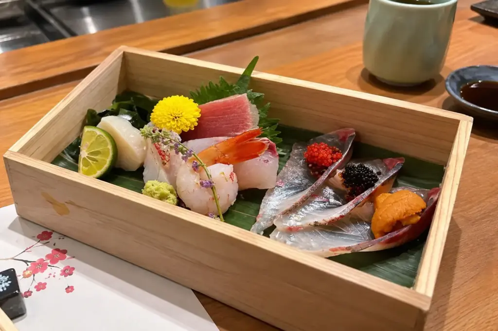 Assorted Seasonal Sashimi Bento with fresh slices of tuna, scallop, shrimp, uni and other seasonal seafood