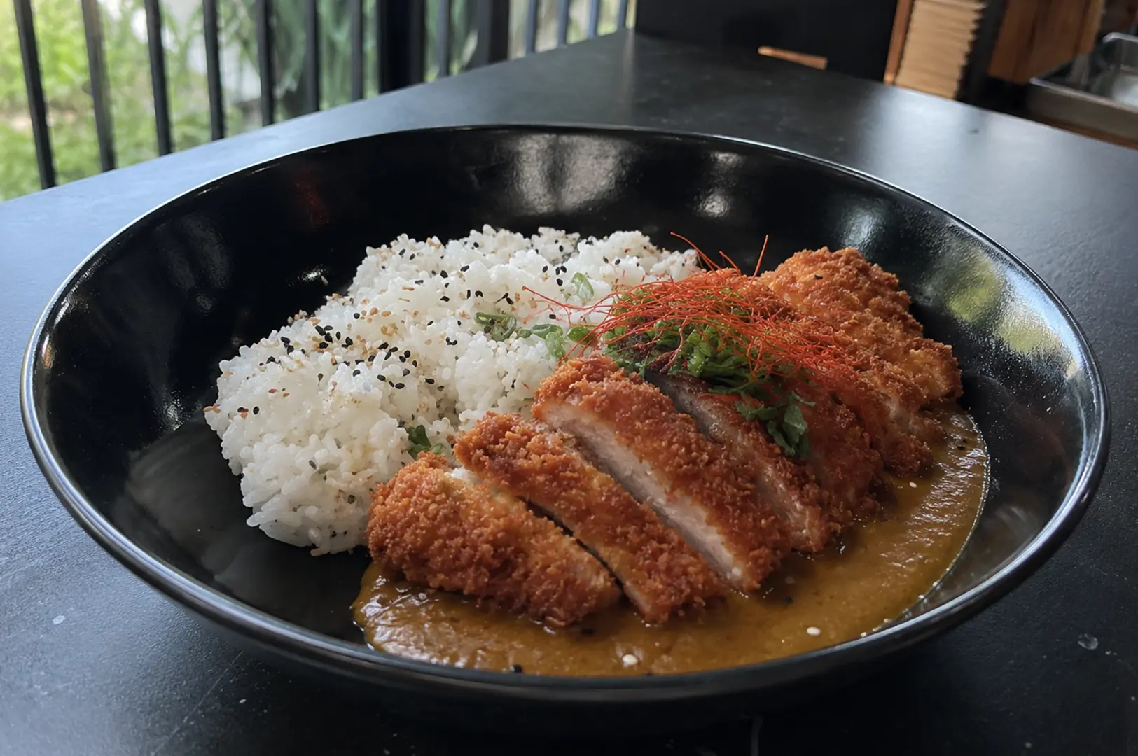 Crispy Japanese chicken katsu curry served with steamed rice, topped with herbs and chili threads in a black bowl.