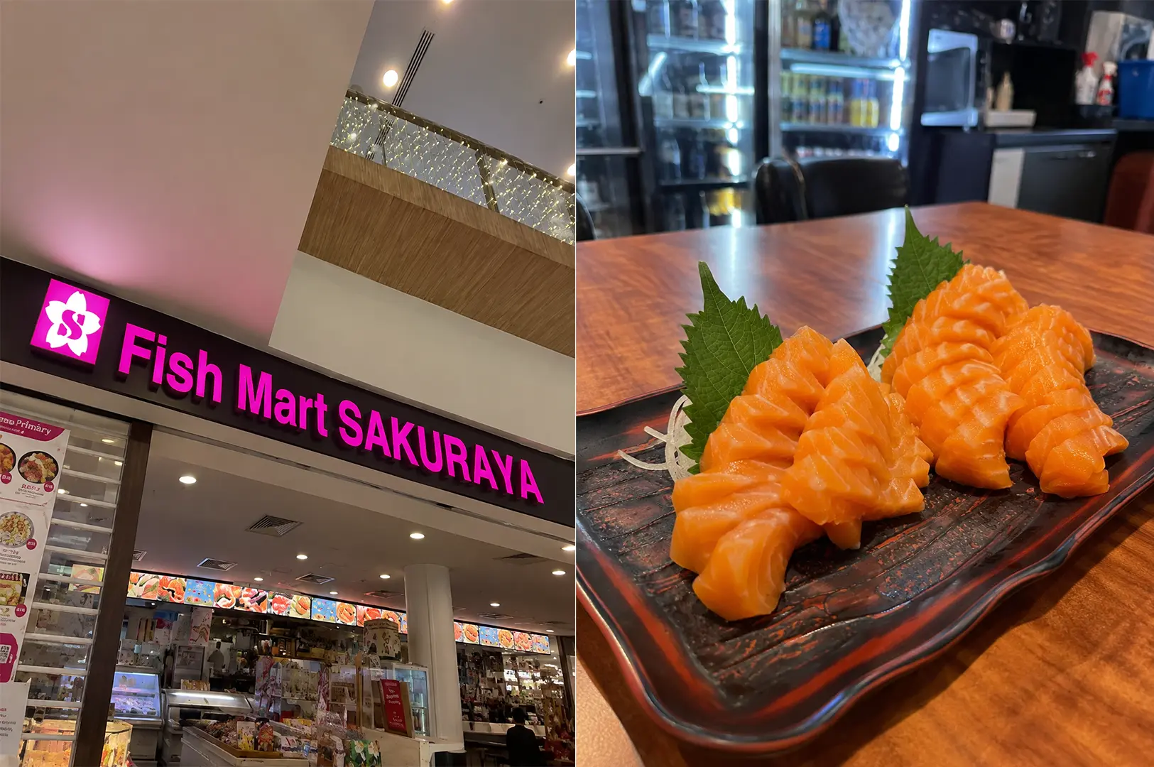 Fish Mart Sakuraya storefront alongside a plate of thick-cut salmon sashimi.