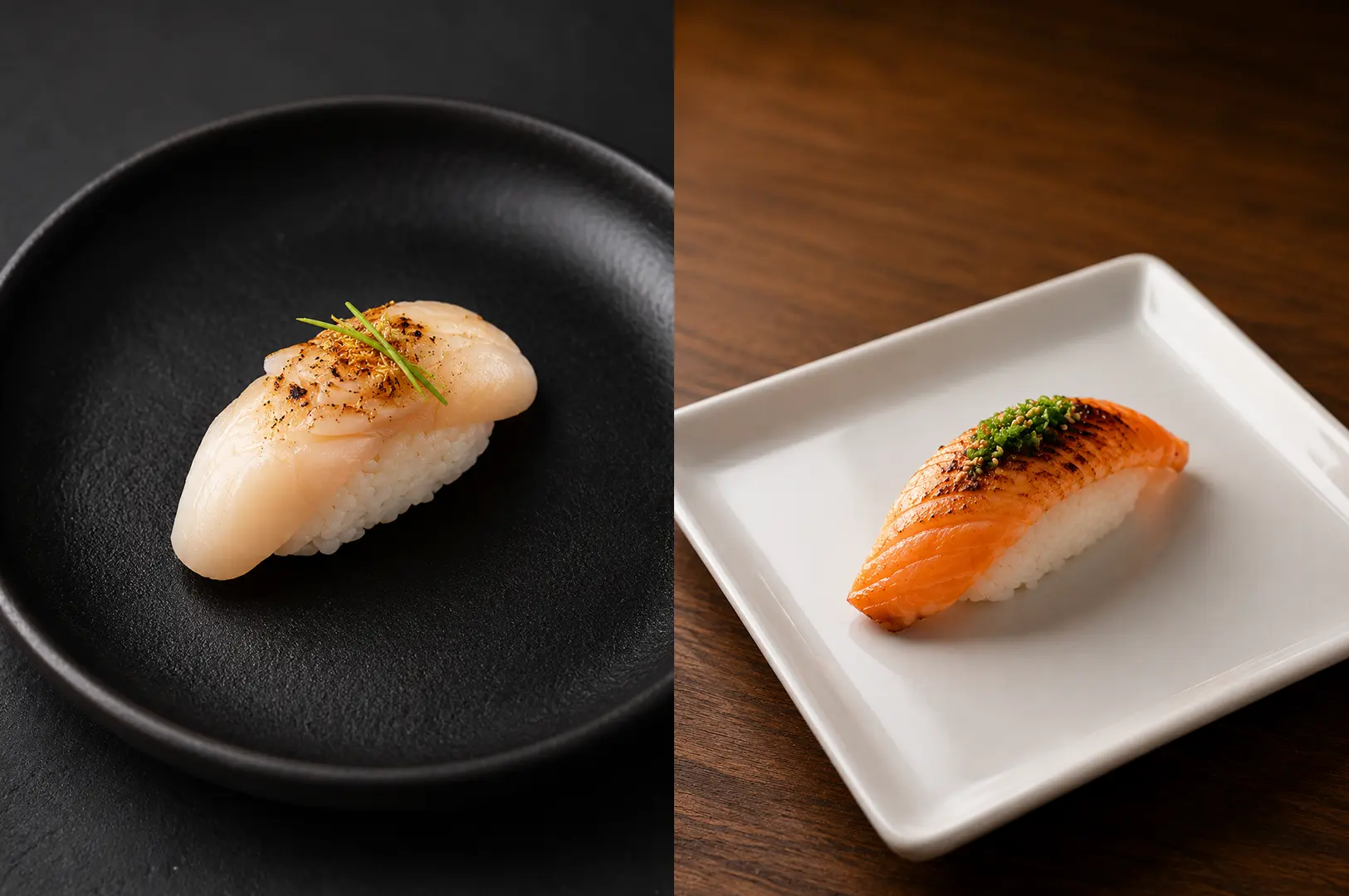Seared scallop nigiri and lightly torched salmon nigiri served on minimalist plates.