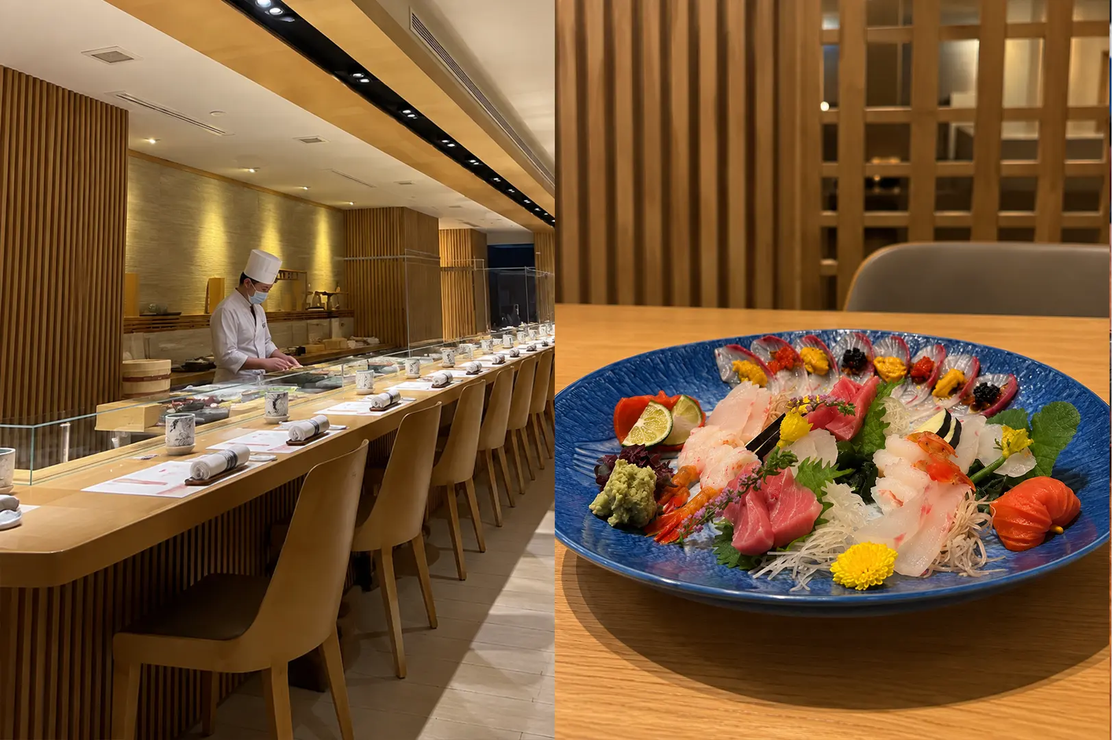 Tatsuya at Scotts Road with a refined sushi counter and an elaborate assorted sashimi platter.