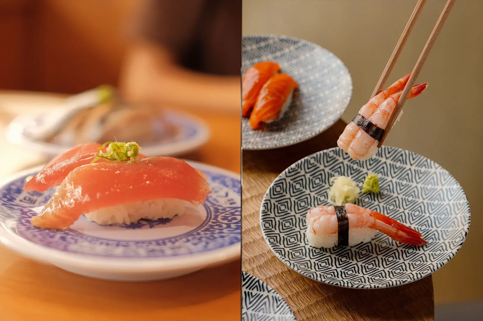 Fresh tuna nigiri and shrimp nigiri presented on decorative Japanese-style plates.