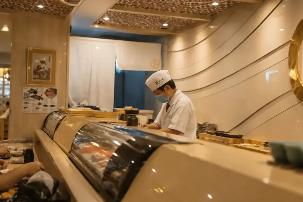 Tomi Sushi chef preparing food behind the sushi counter in a warm, elegant Japanese restaurant interior.