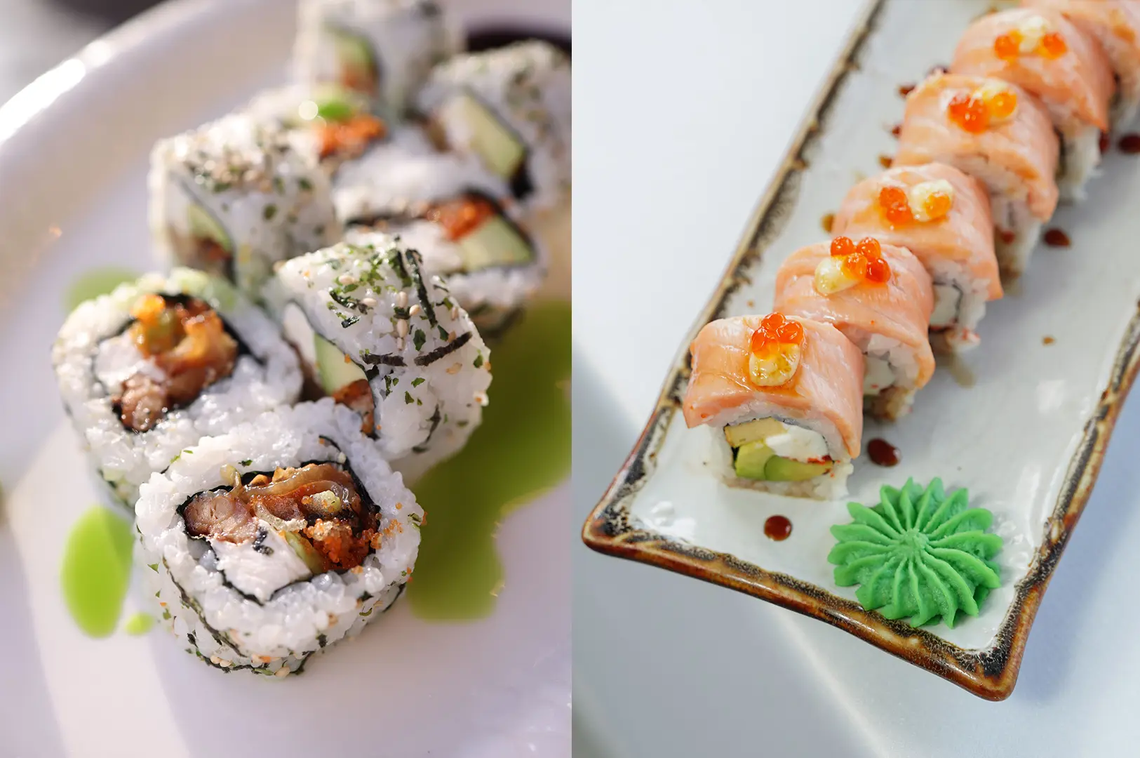 Crispy eel sushi roll and salmon-topped specialty roll with roe and creamy sauce.