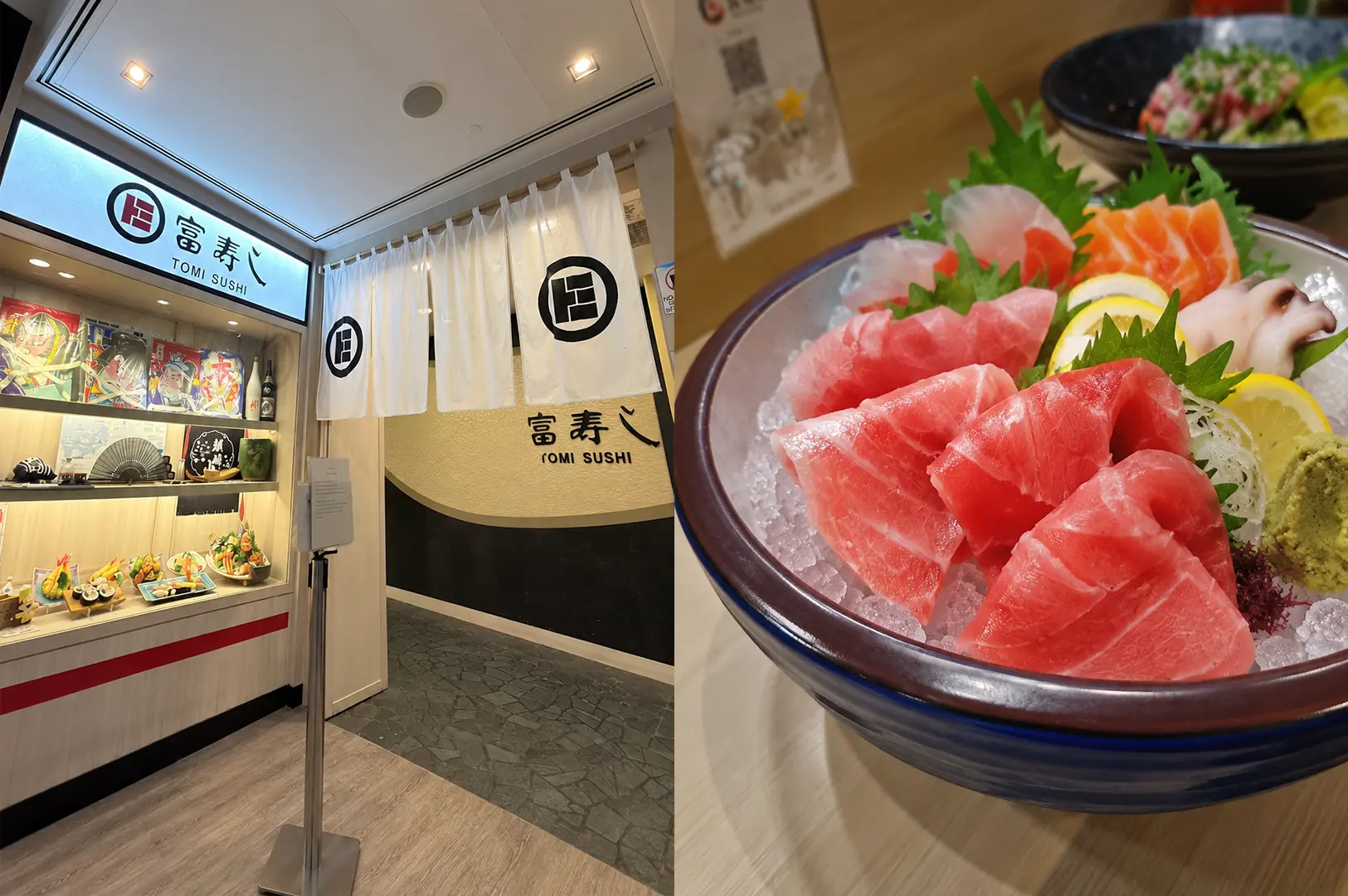 Tomi Sushi at Promenade alongside a bowl of assorted sashimi with fatty tuna and salmon.