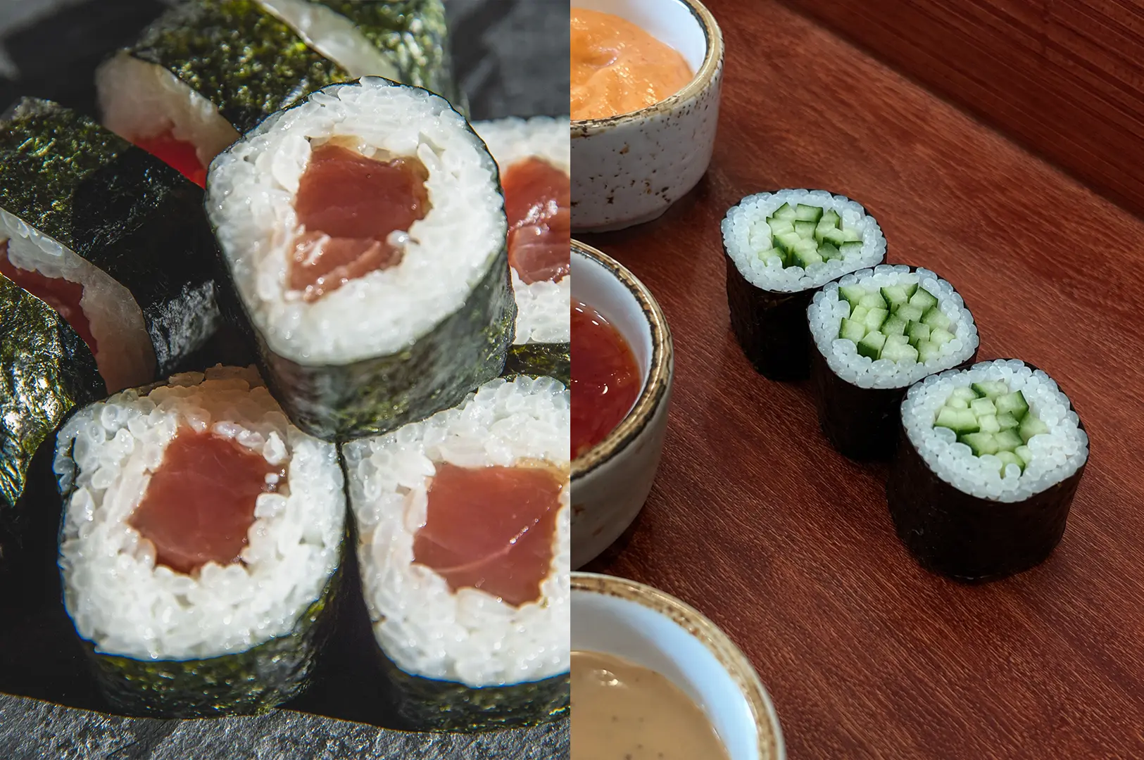 Classic tuna maki and fresh cucumber maki served with dipping sauces.